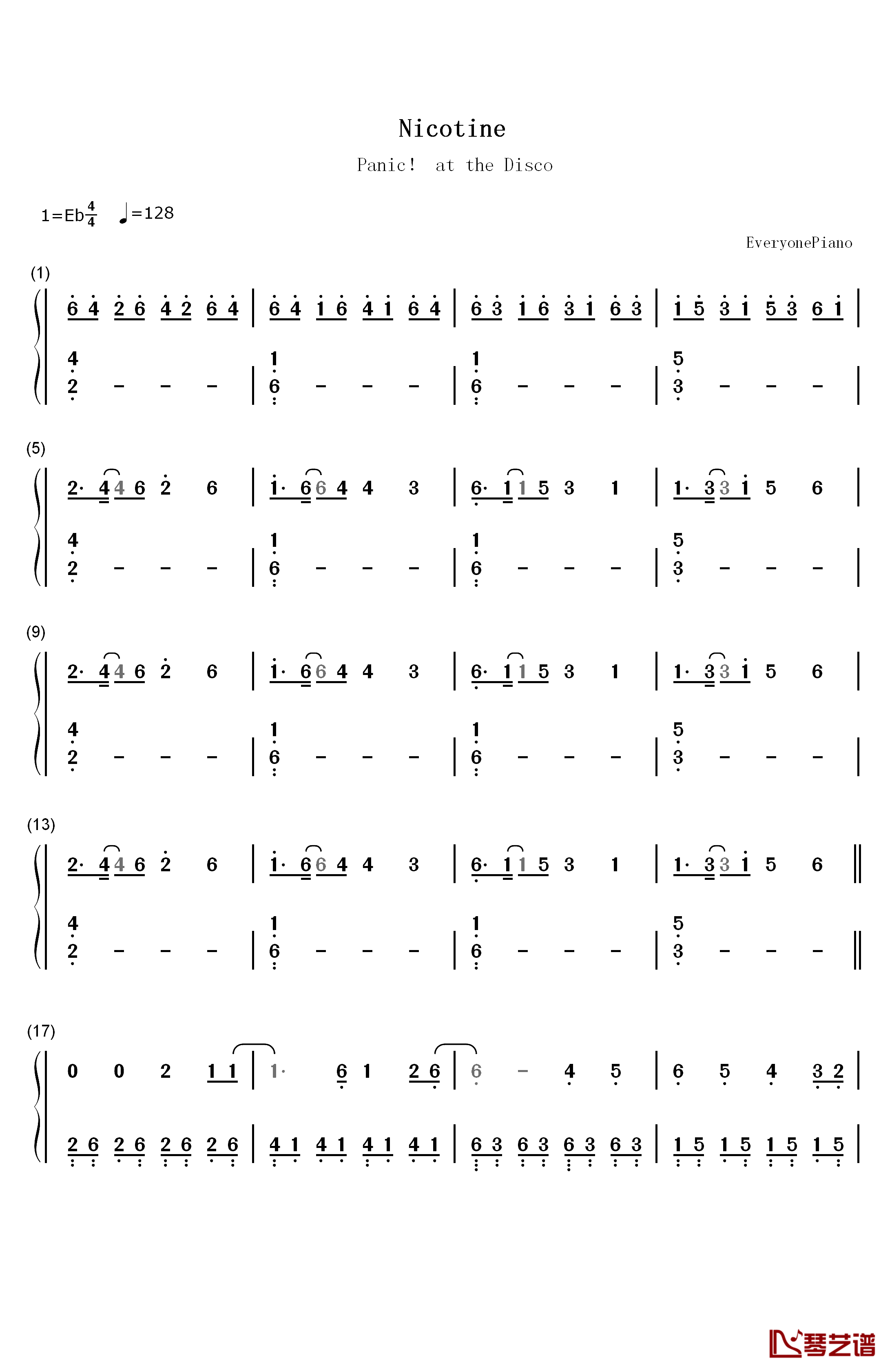 Nicotine钢琴简谱-数字双手-Panic at the Disco1