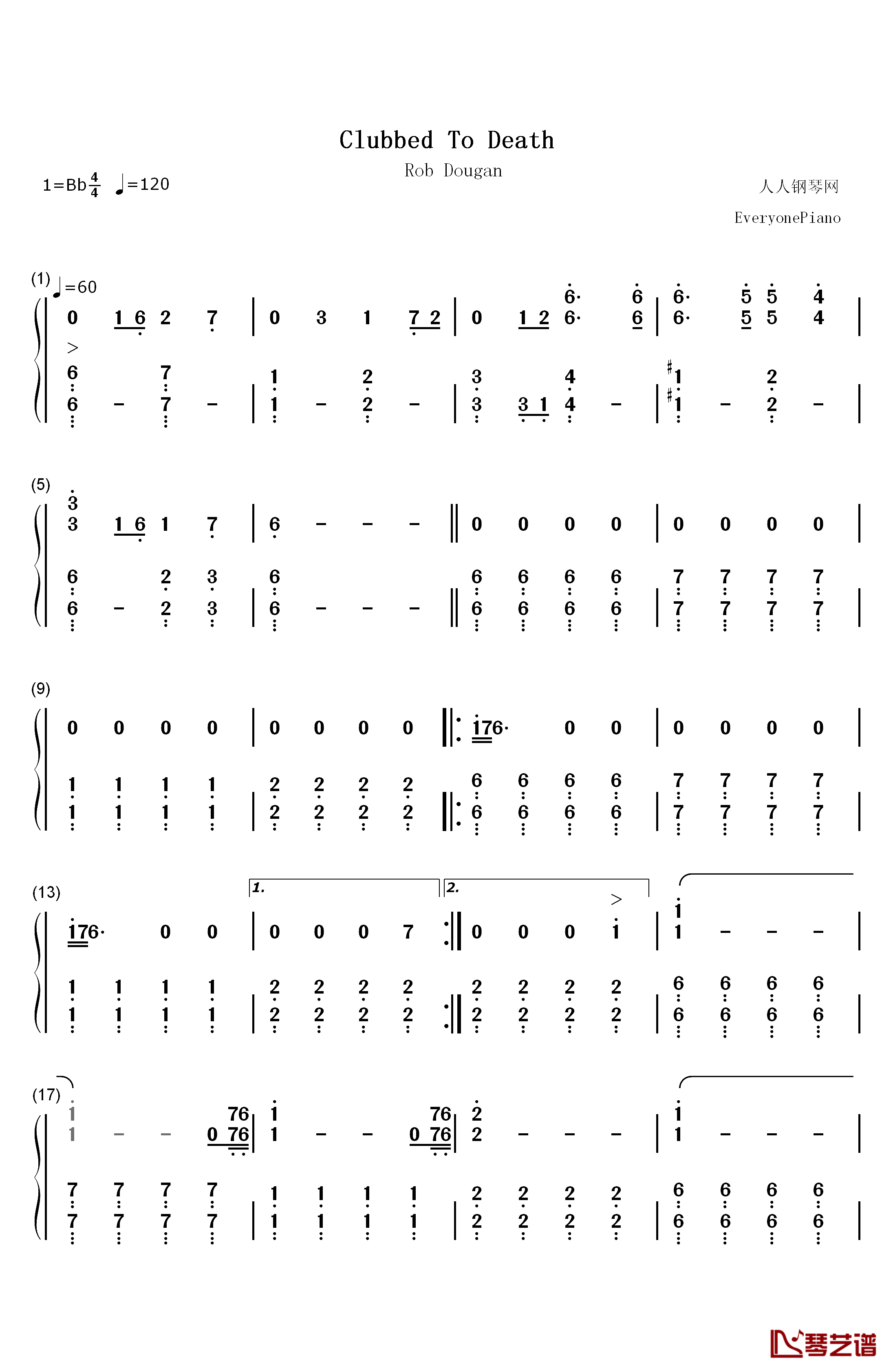 Clubbed to Death钢琴简谱-数字双手-Rob Dougan1
