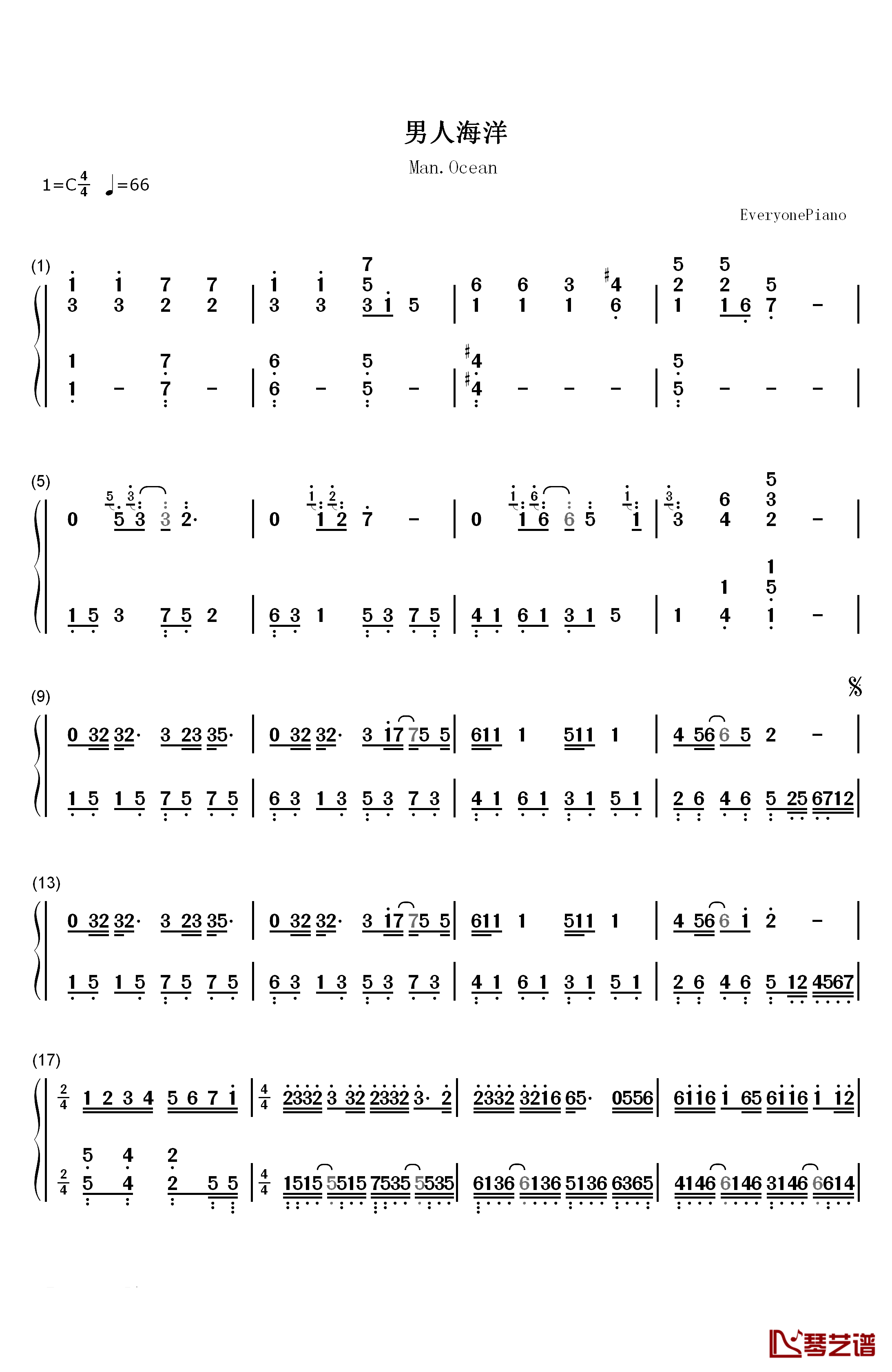 男人海洋钢琴简谱-数字双手-周传雄1