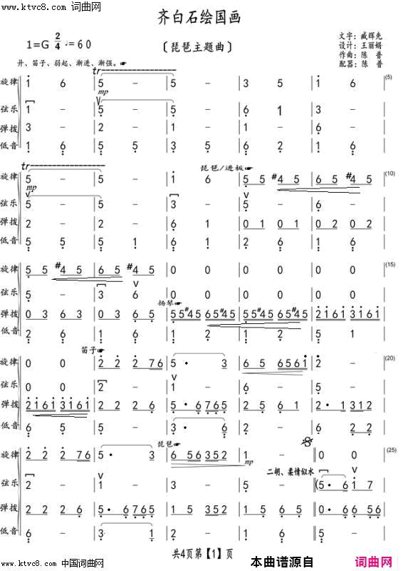 齐白石绘国画琵琶主题曲王丽娟主弦〖189号〗简谱-王丽娟演唱-臧辉先/陈普、王丽娟词曲1