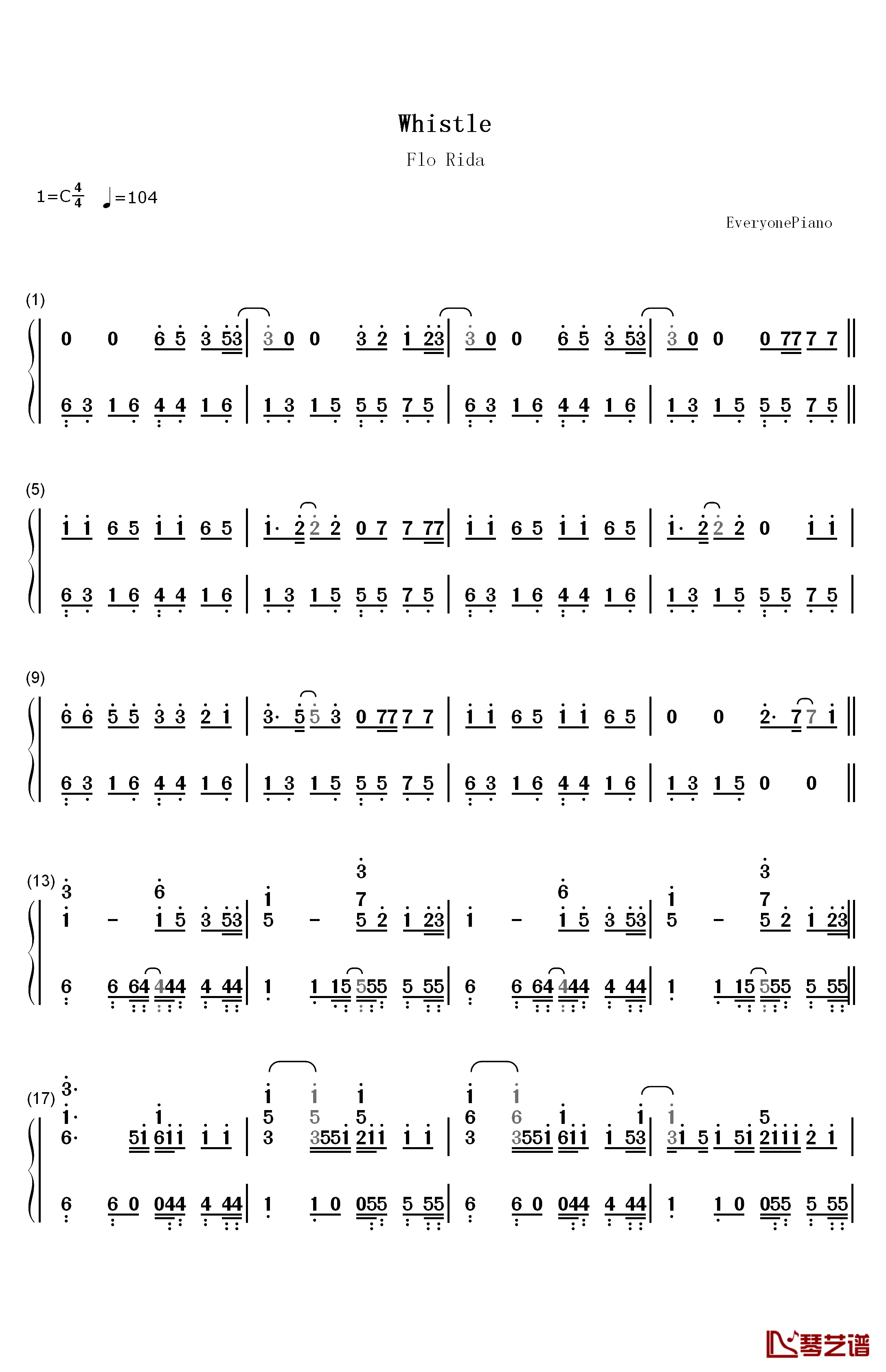Whistle钢琴简谱-数字双手-Flo Rida1
