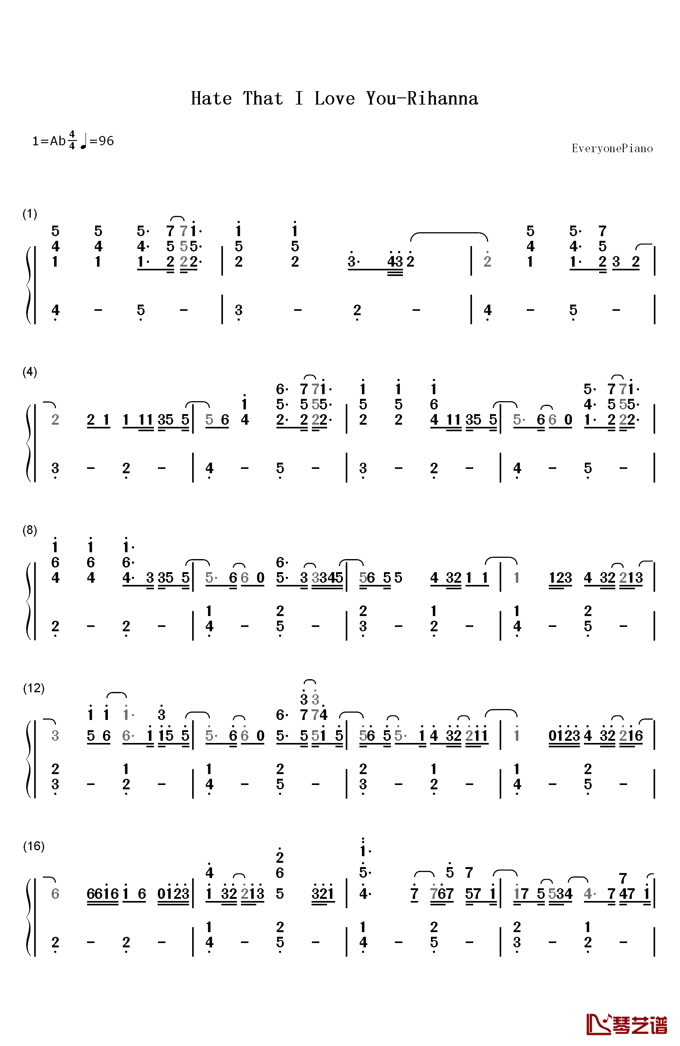 Hate That I Love You钢琴简谱-数字双手-Rihanna1
