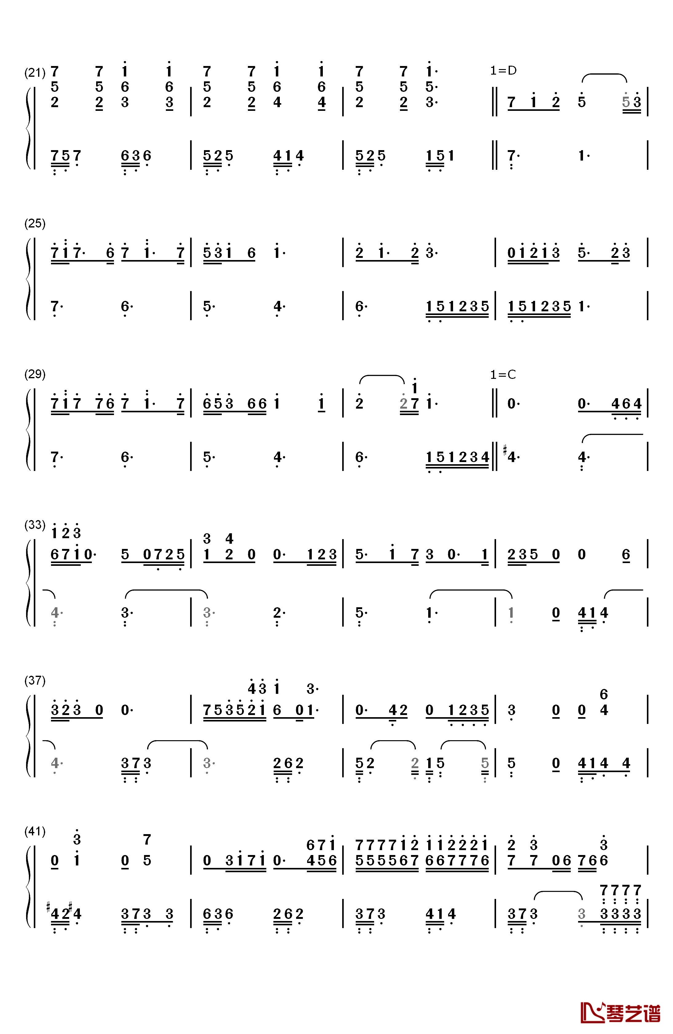 给妈妈钢琴简谱-数字双手-房东的猫2