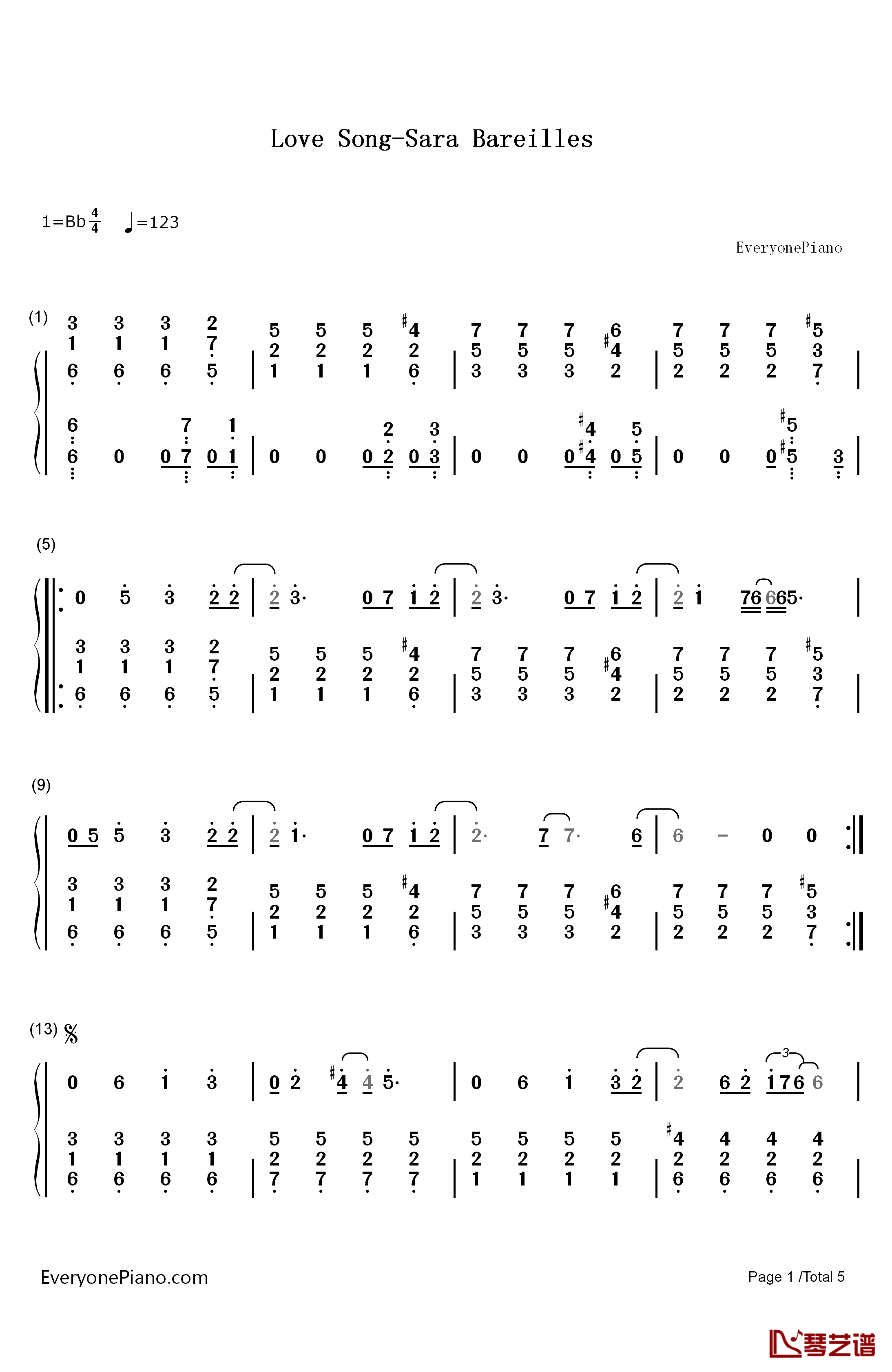 Love Song钢琴简谱-数字双手-Sara Bareilles1