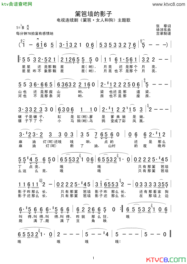 篱笆墙的影子简谱-毛阿敏演唱-张黎/徐沛东词曲1