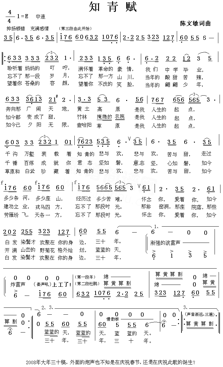 知青赋简谱-陈文敏演唱1