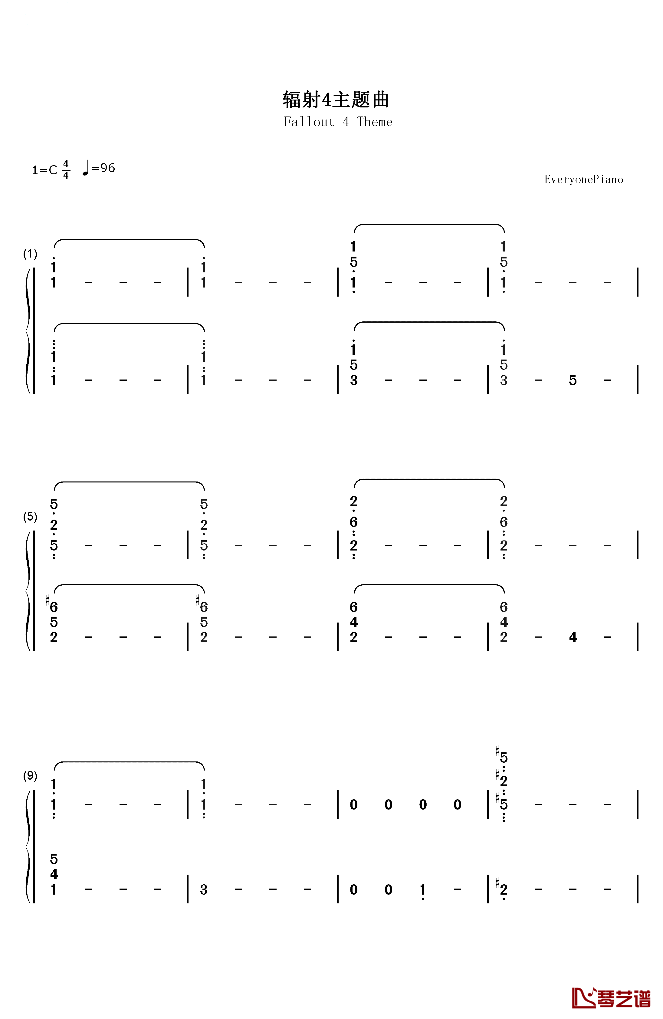 辐射4主题曲钢琴简谱-数字双手-Inon Zur1