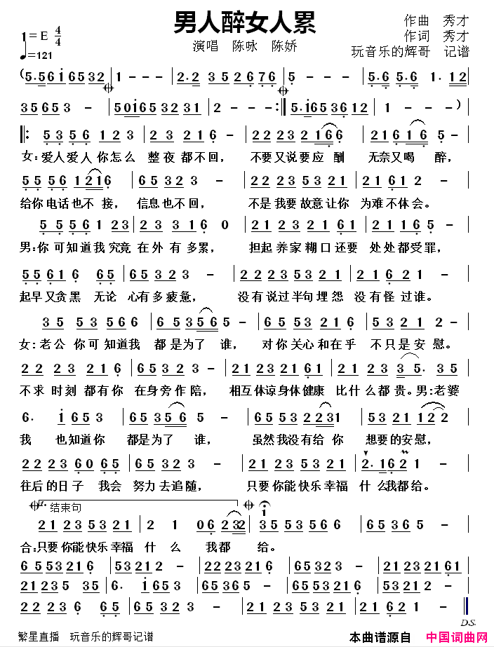 男人醉女人累简谱-陈咏演唱-秀才/秀才词曲1