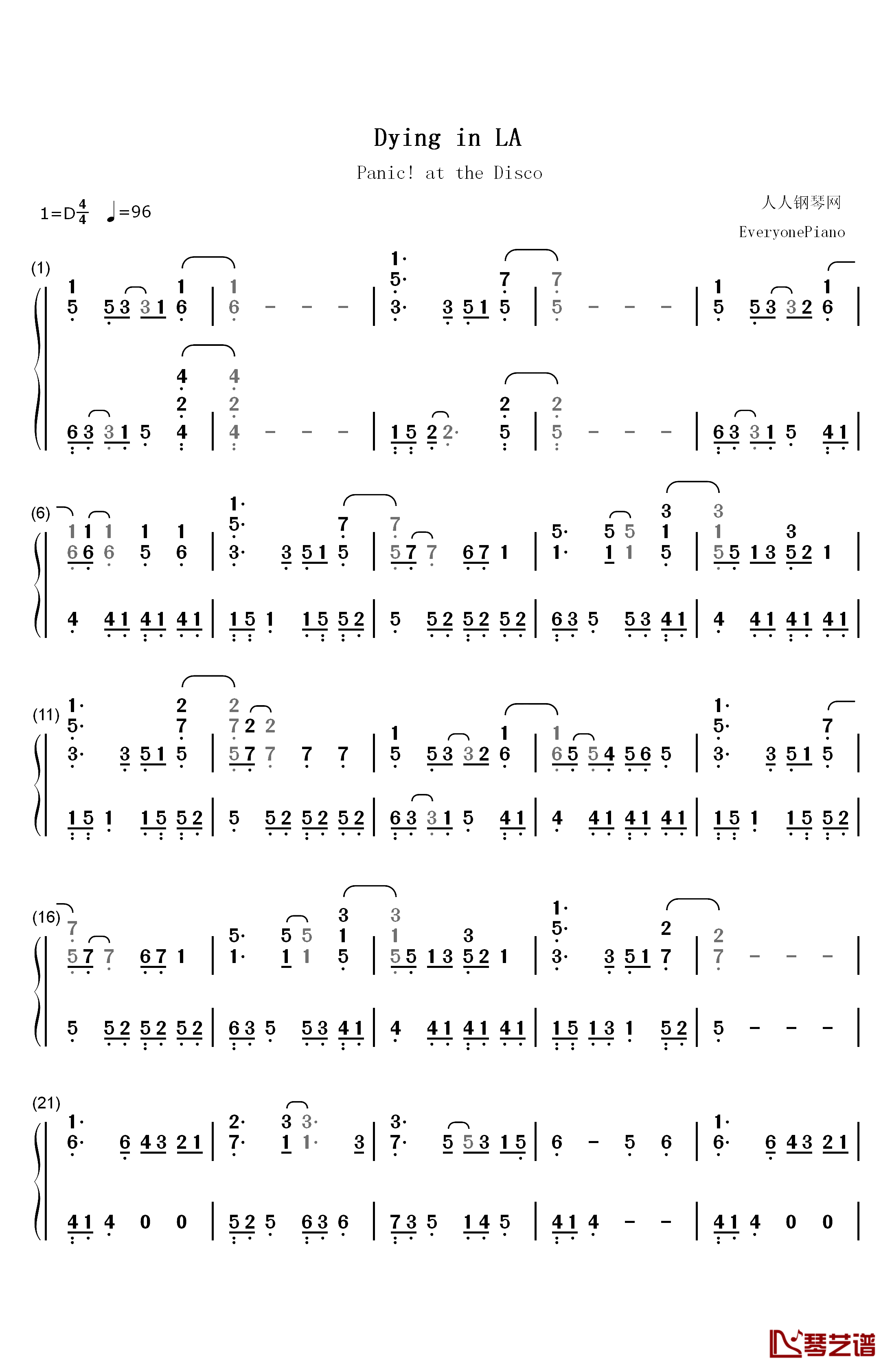 Dying in LA钢琴简谱-数字双手-Panic! at the Disco1
