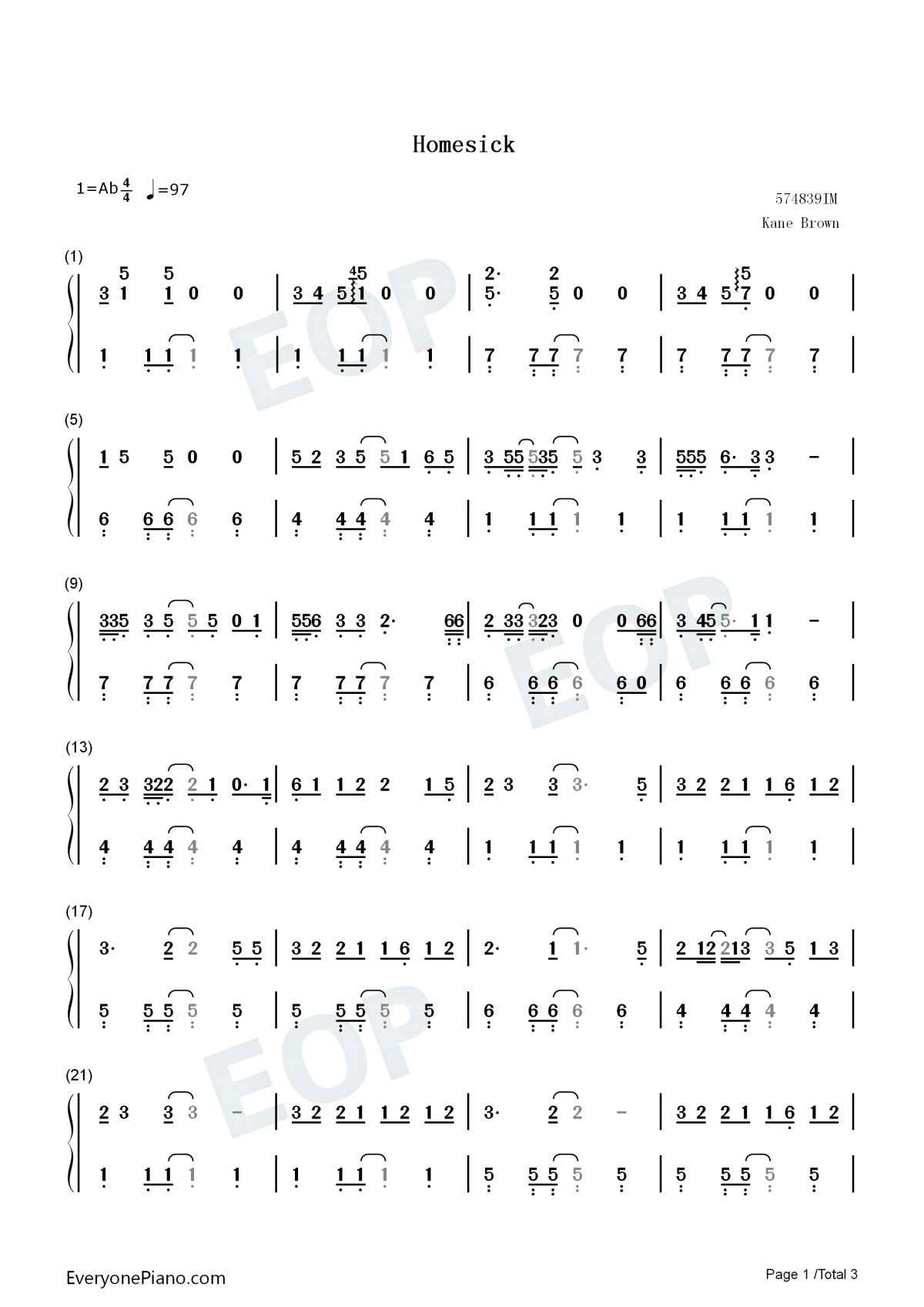 Homesick钢琴简谱-数字双手-Kane Brown1