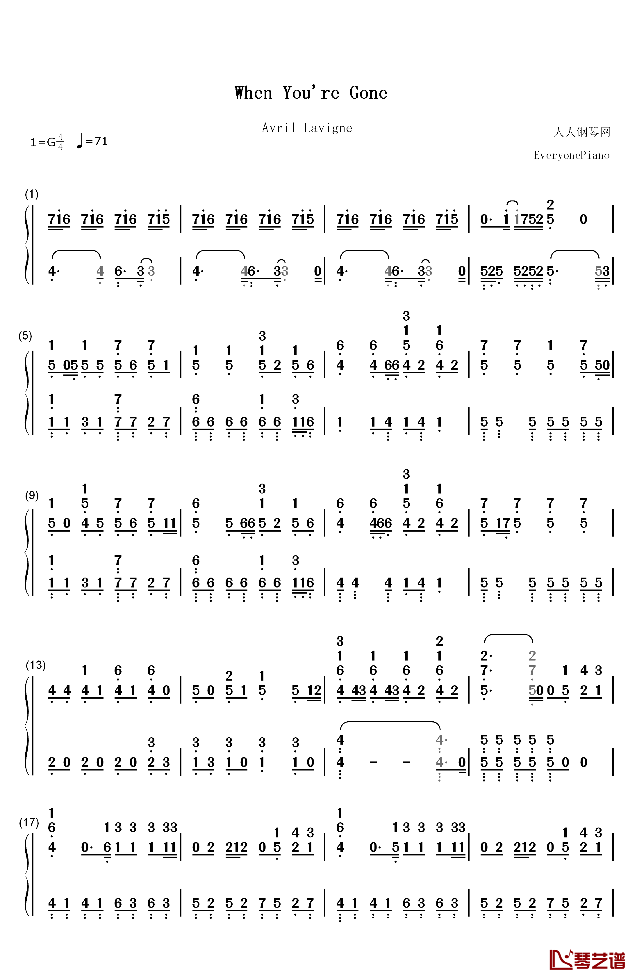 When You're Gone钢琴简谱-数字双手-艾薇儿 Avril Lavigne1