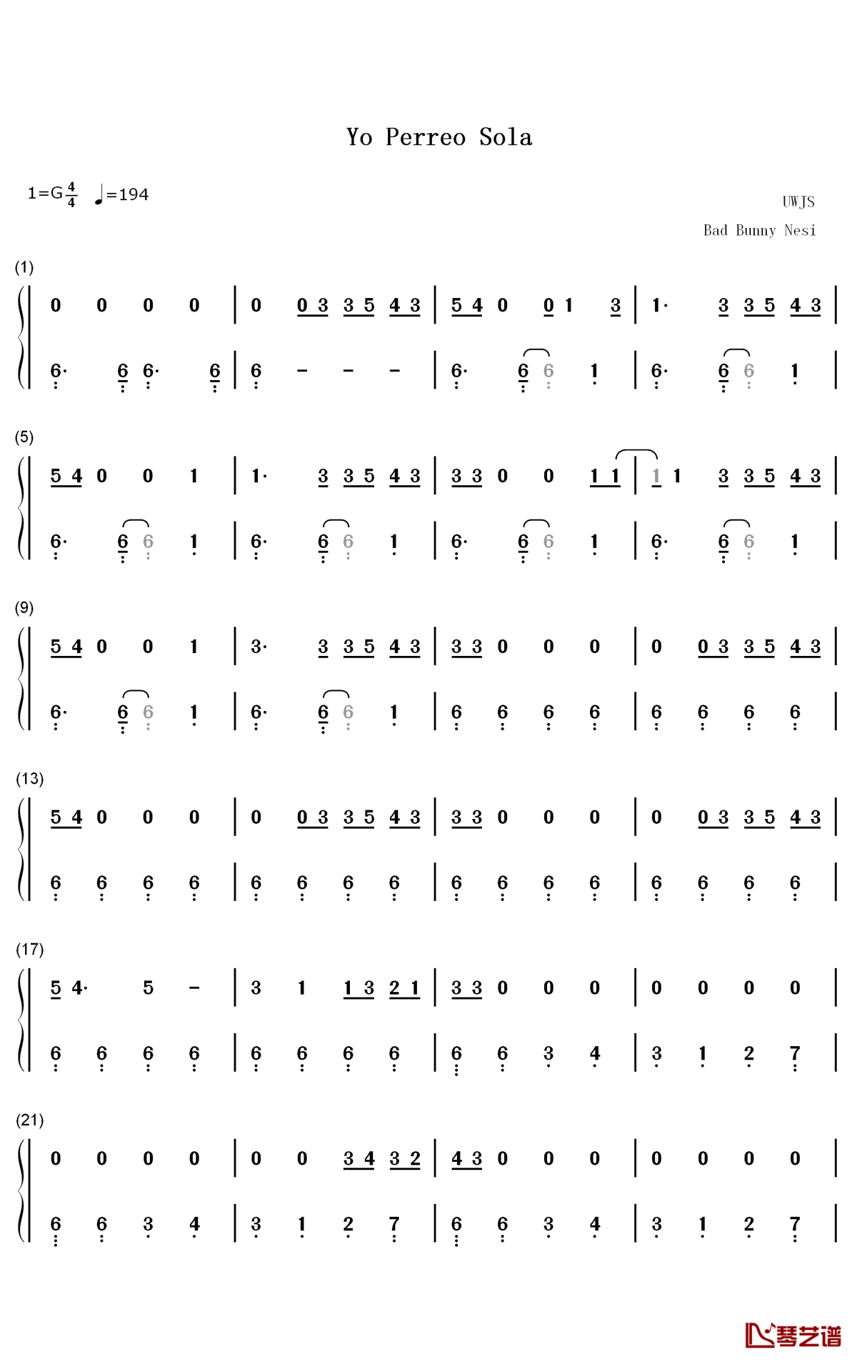 Yo Perreo Sola钢琴简谱-数字双手-Bad Bunny1