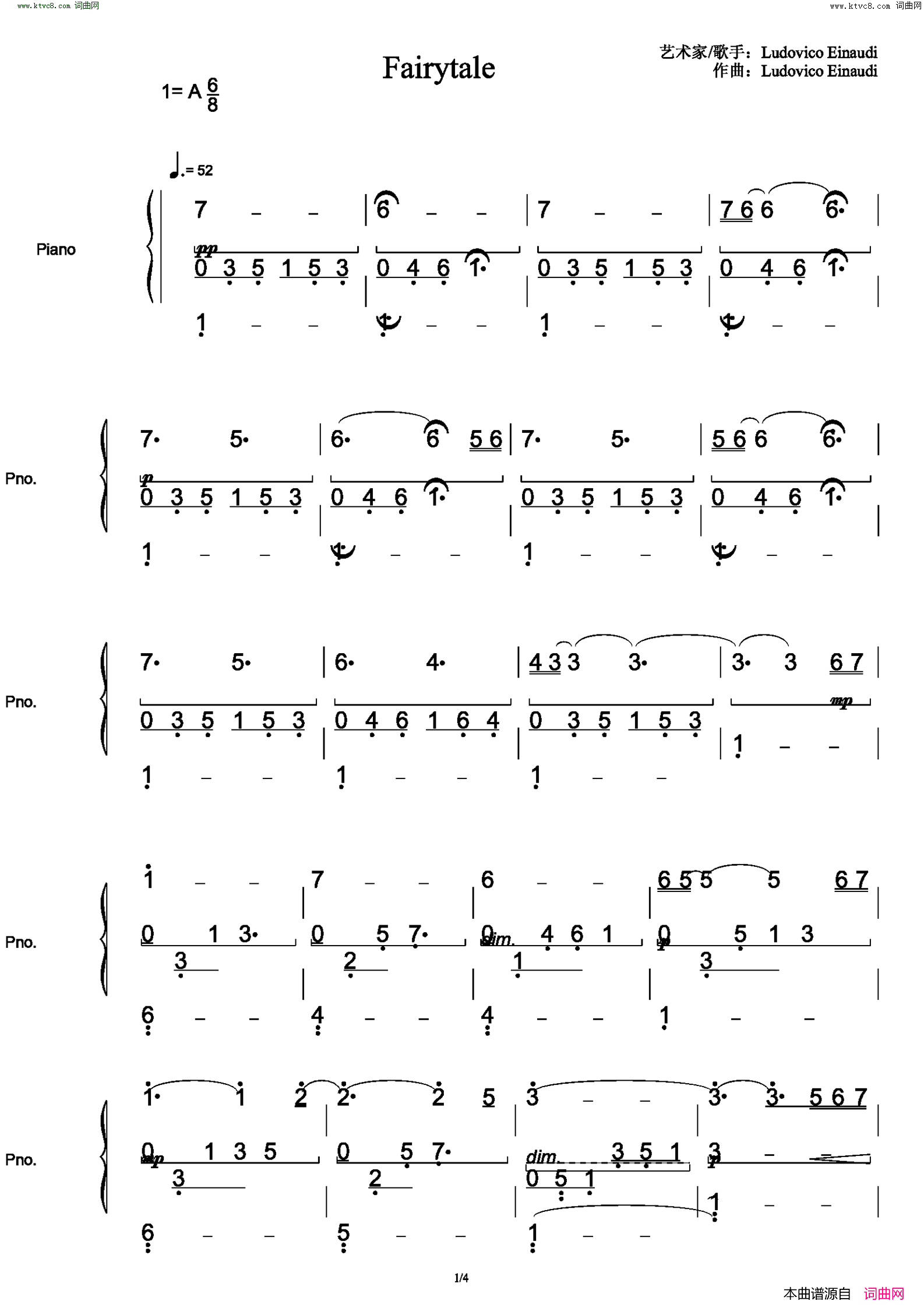 Fairytale简谱-Ludovico Einaudi演唱-作曲：Ludovico Einaudi词曲1