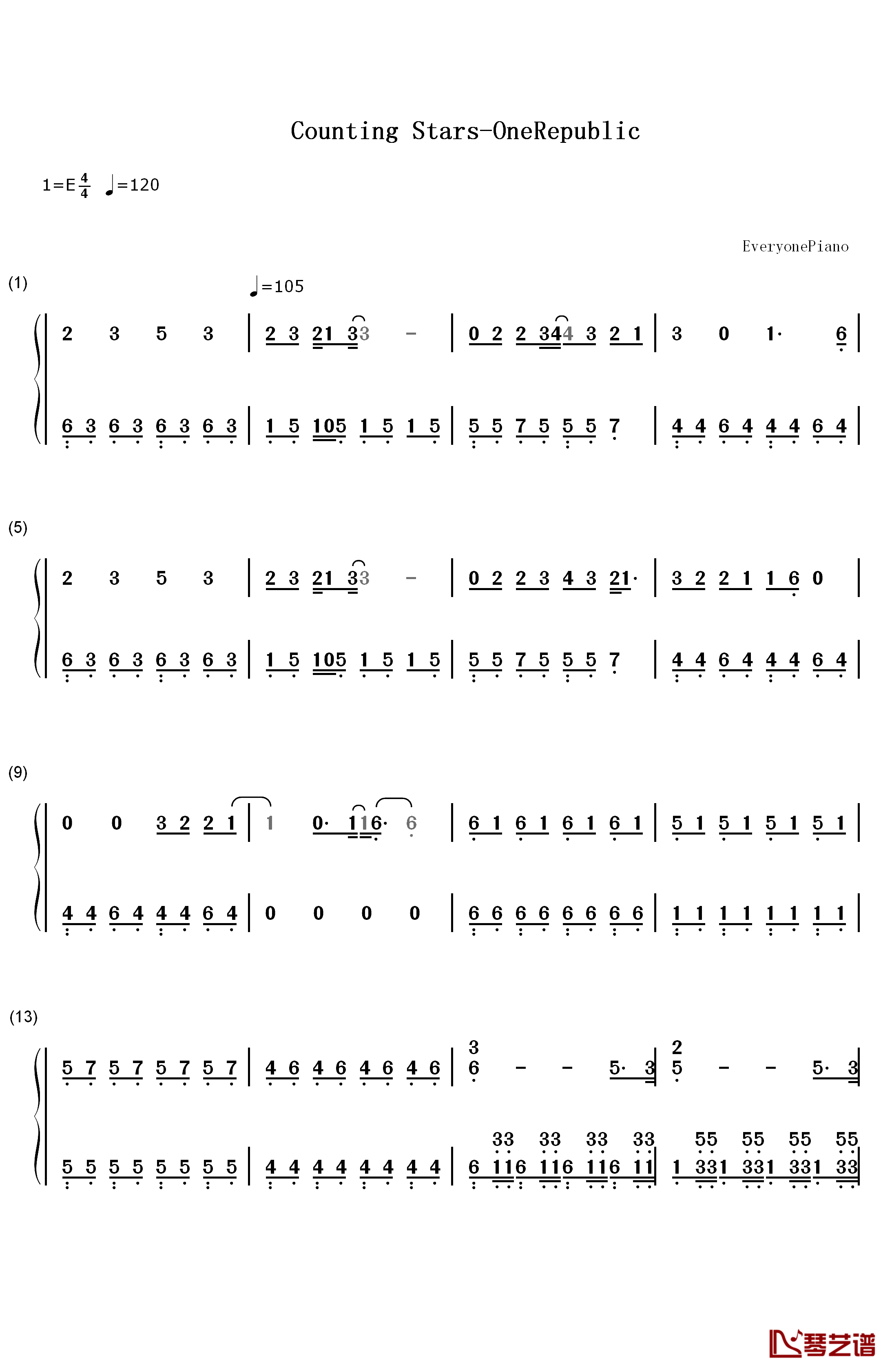 Counting Stars钢琴简谱-数字双手-OneRepublic1