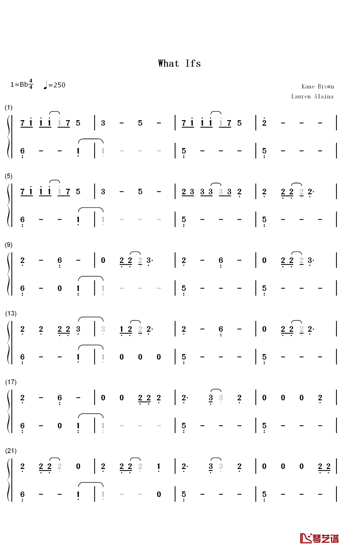 What Ifs钢琴简谱-数字双手-Kane Brown Lauren Alaina1