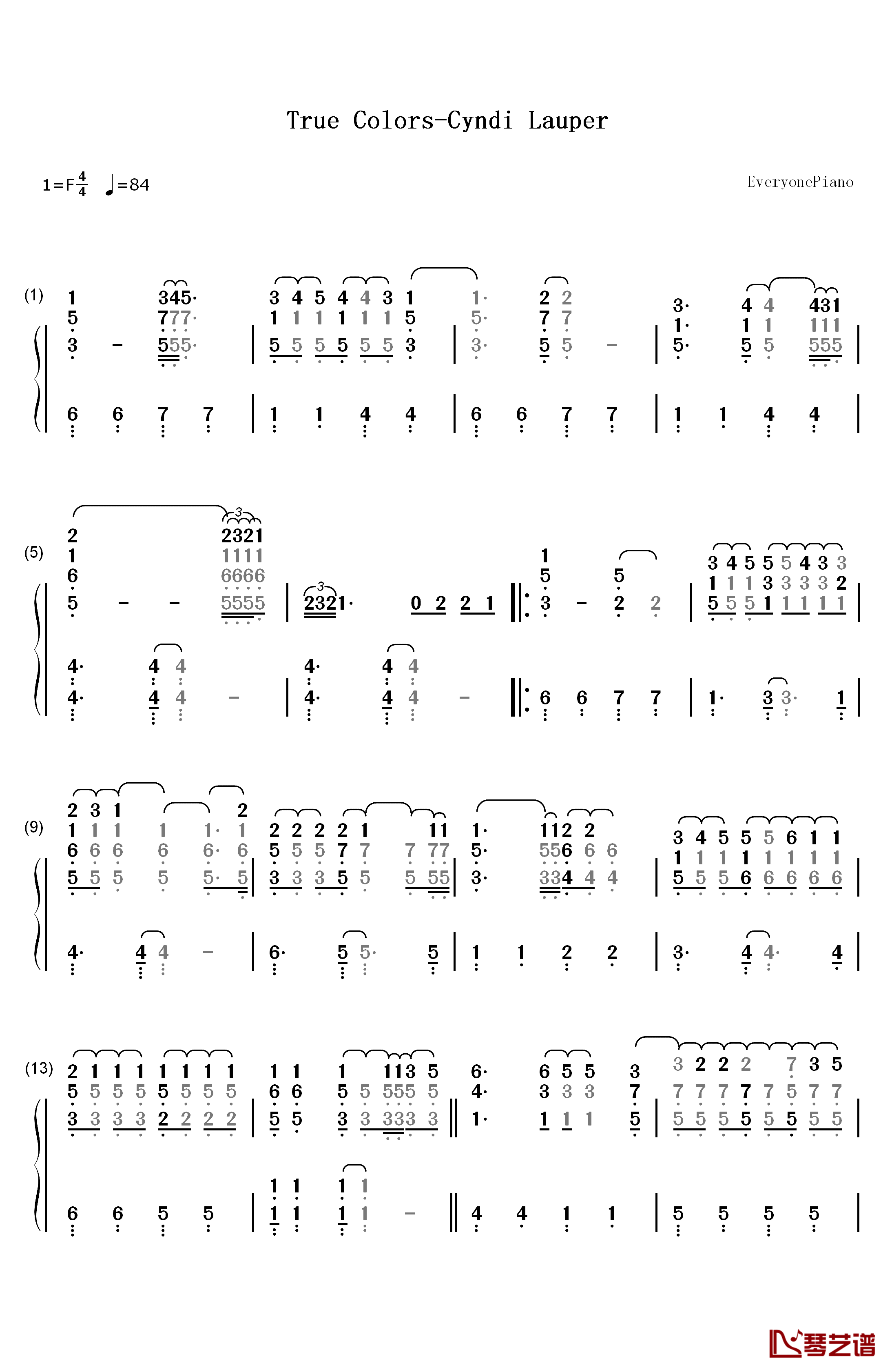 True Colors钢琴简谱-数字双手-Cyndi Lauper1
