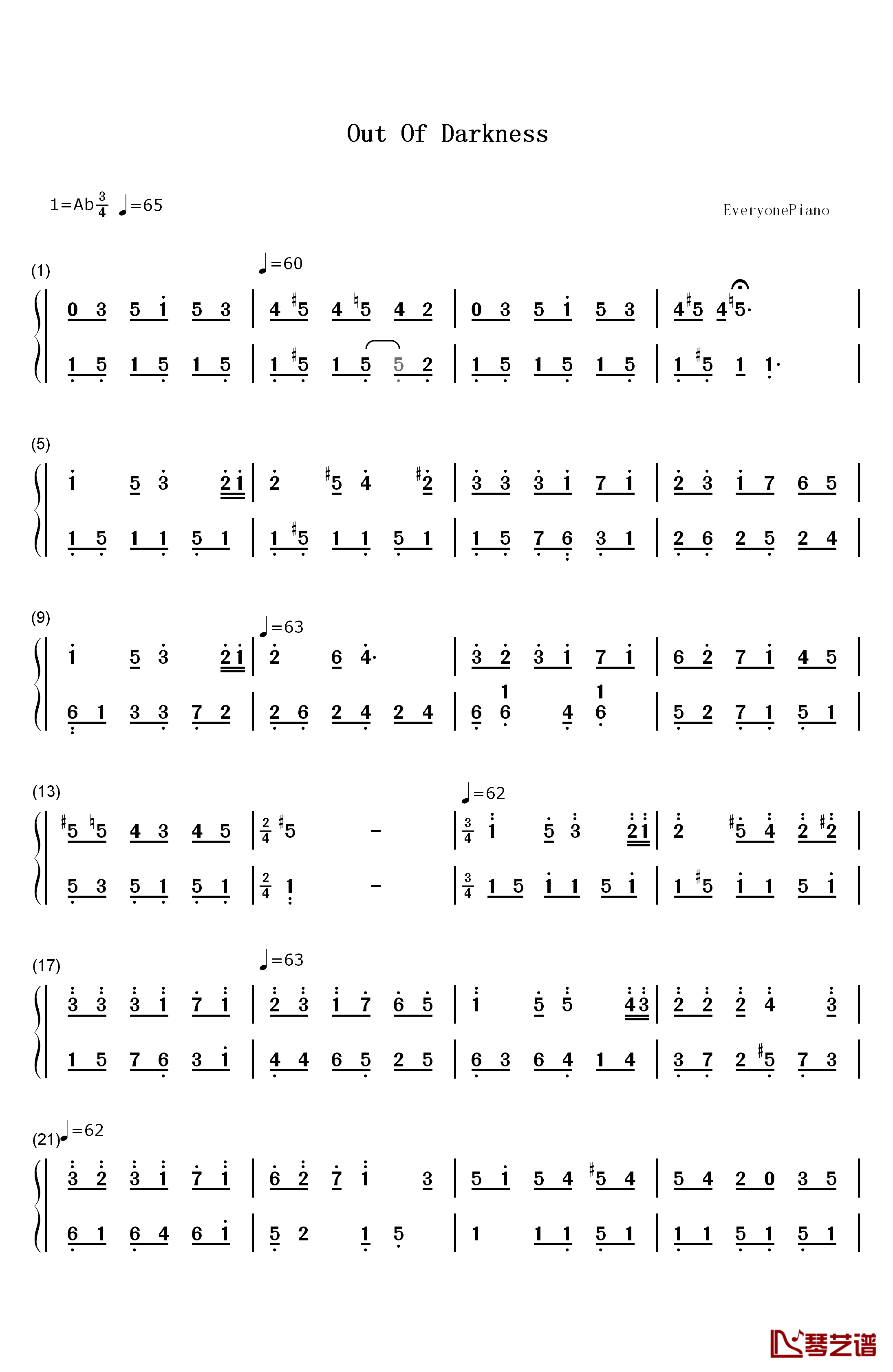Out of Darkness钢琴简谱-数字双手-Aubrey Ashburn1