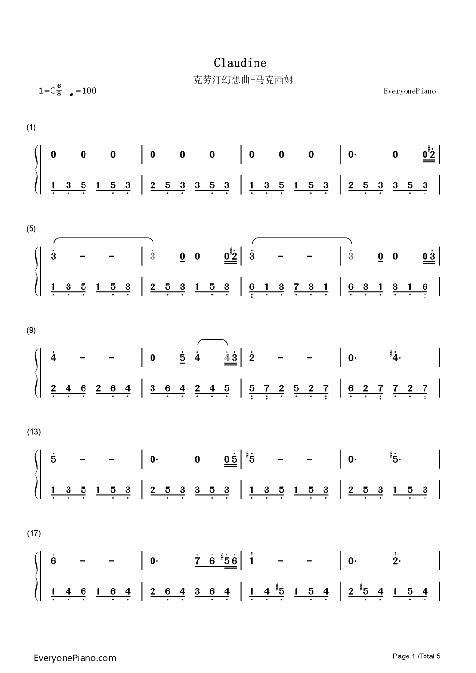 克劳汀幻想曲钢琴简谱-数字双手-马克西姆1