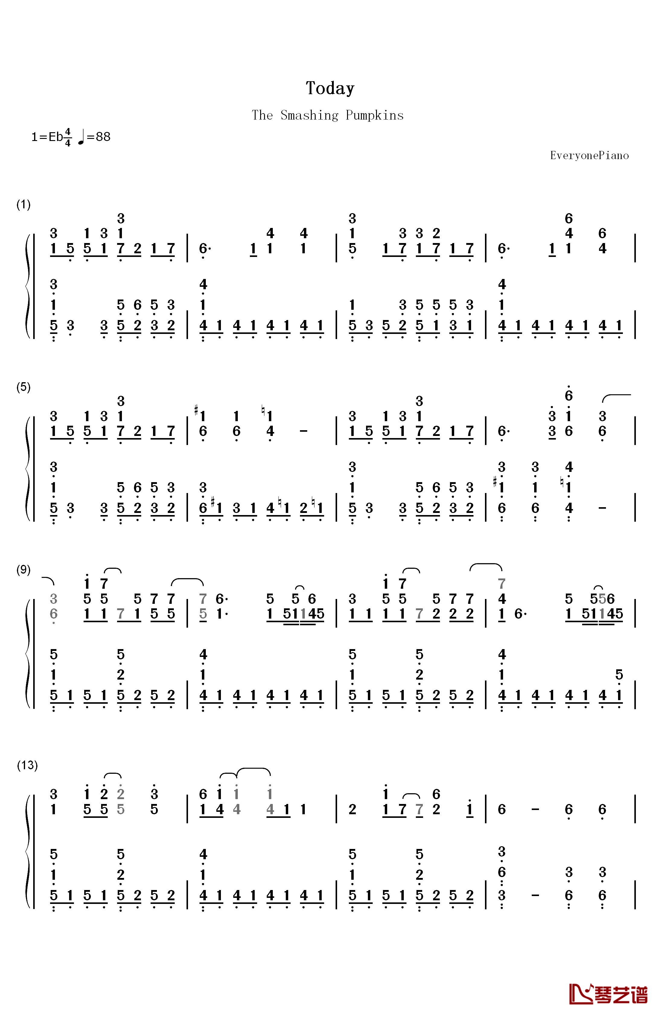 Today钢琴简谱-数字双手-The Smashing Pumpkins1