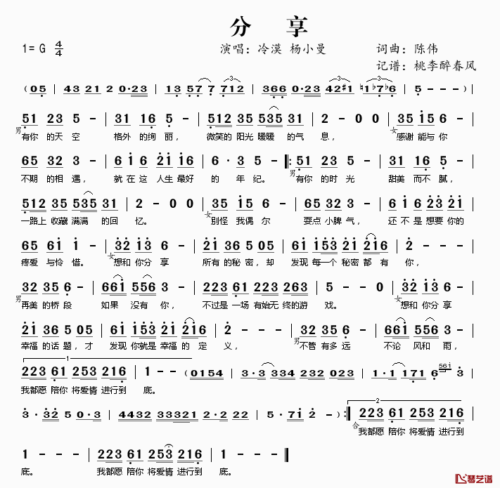分享简谱(歌词)-冷漠杨小曼演唱-谱友桃李醉春风上传1