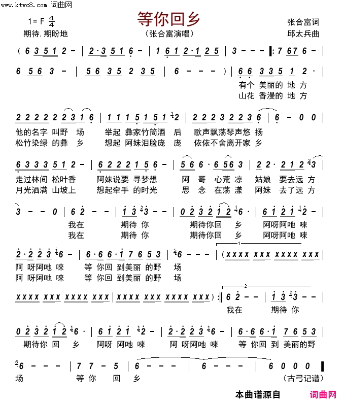 等你回乡简谱-张合富演唱-张合富/邱太兵词曲1