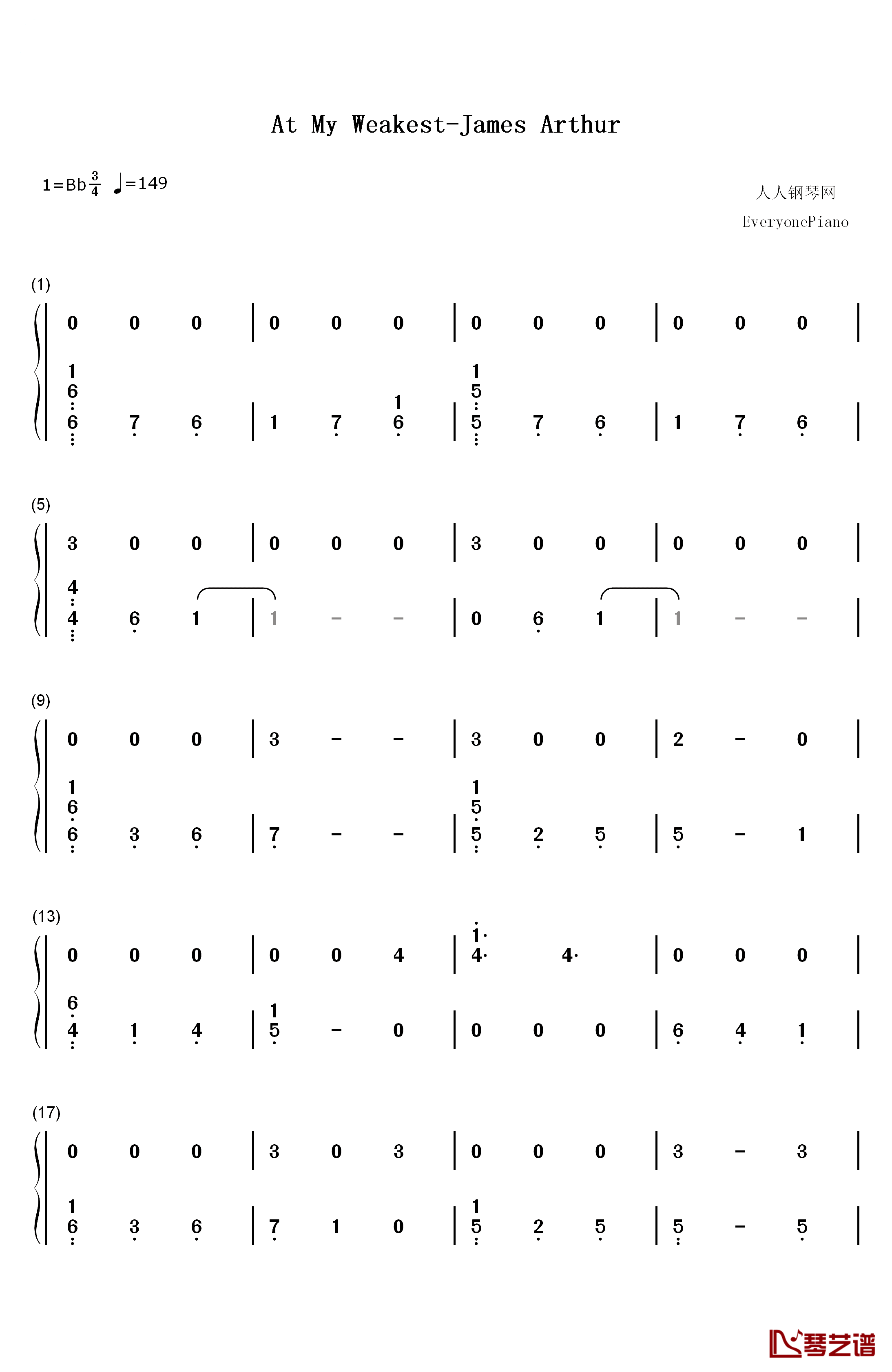 At My Weakest钢琴简谱-数字双手-James Arthur1