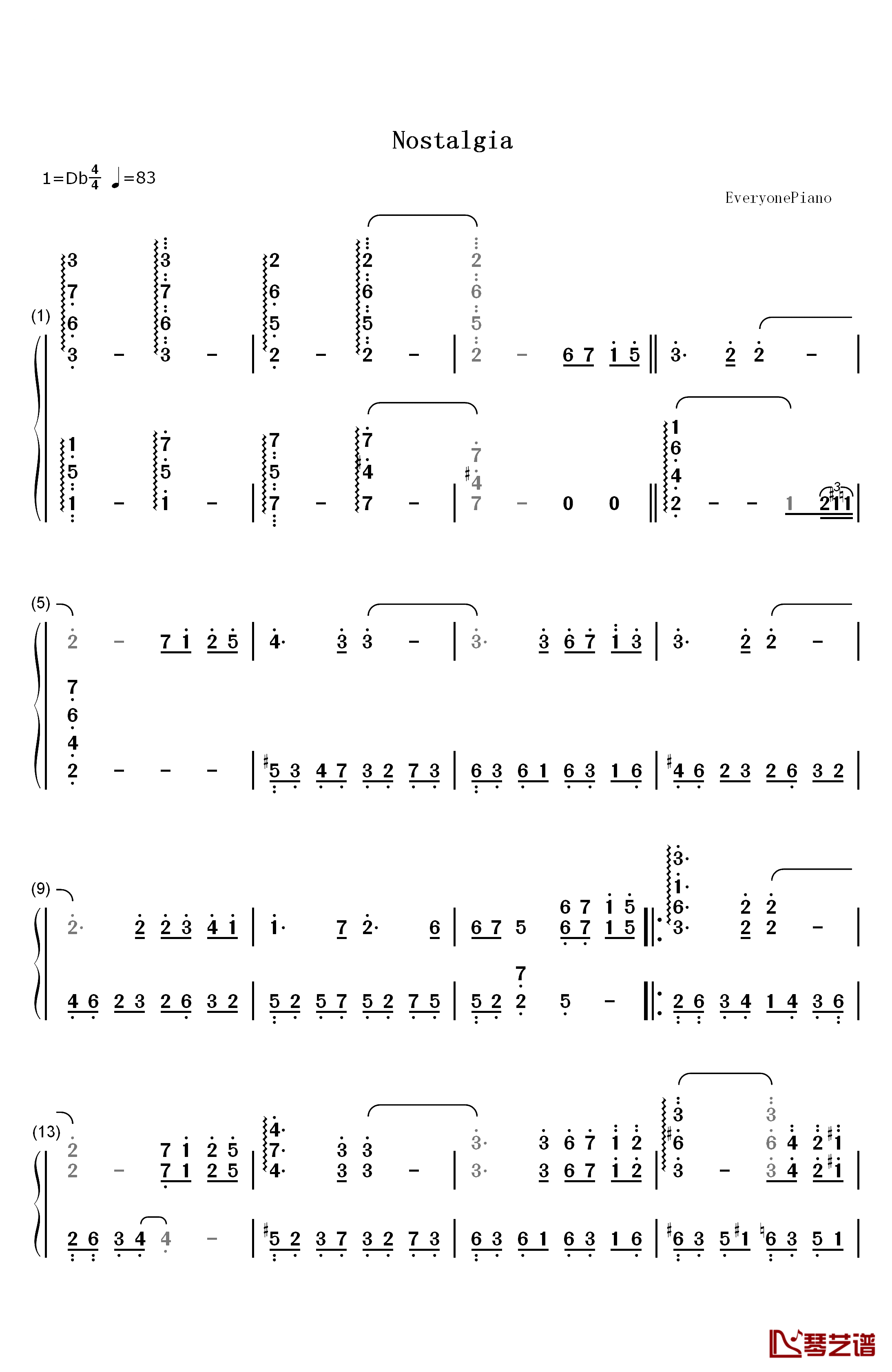 Nostalgia钢琴简谱-数字双手-久石让1