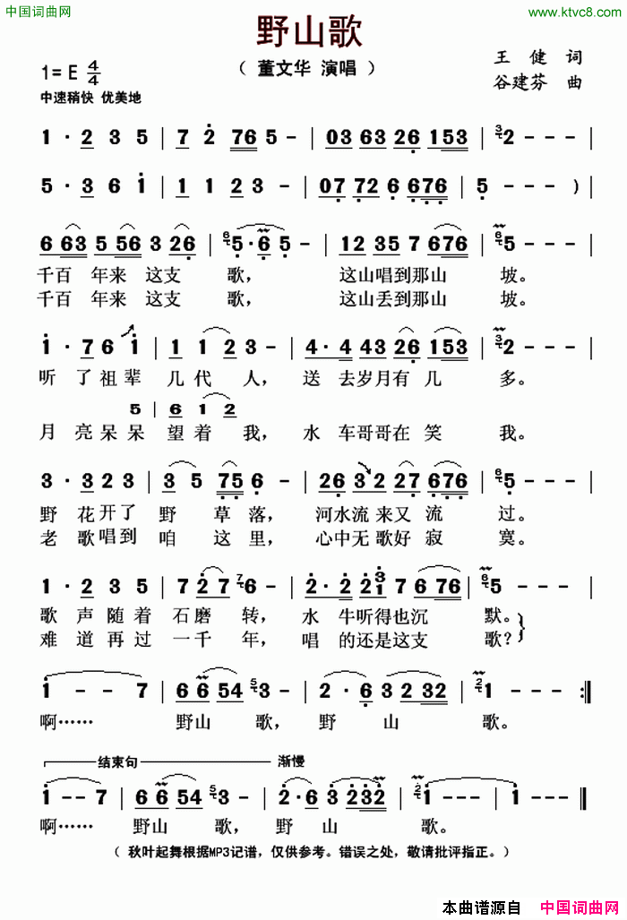 野山歌王健词谷建芬曲野山歌王健词 谷建芬曲简谱-董文华演唱-王健/谷建芬词曲1
