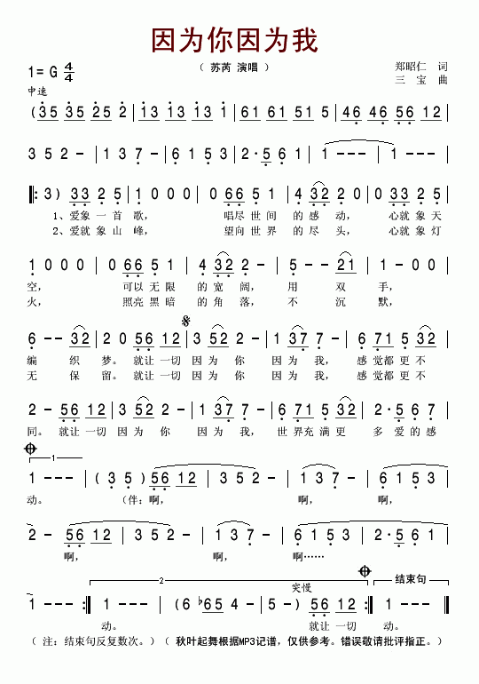 因为你因为我《爱在屏东》主题曲简谱-苏芮演唱1