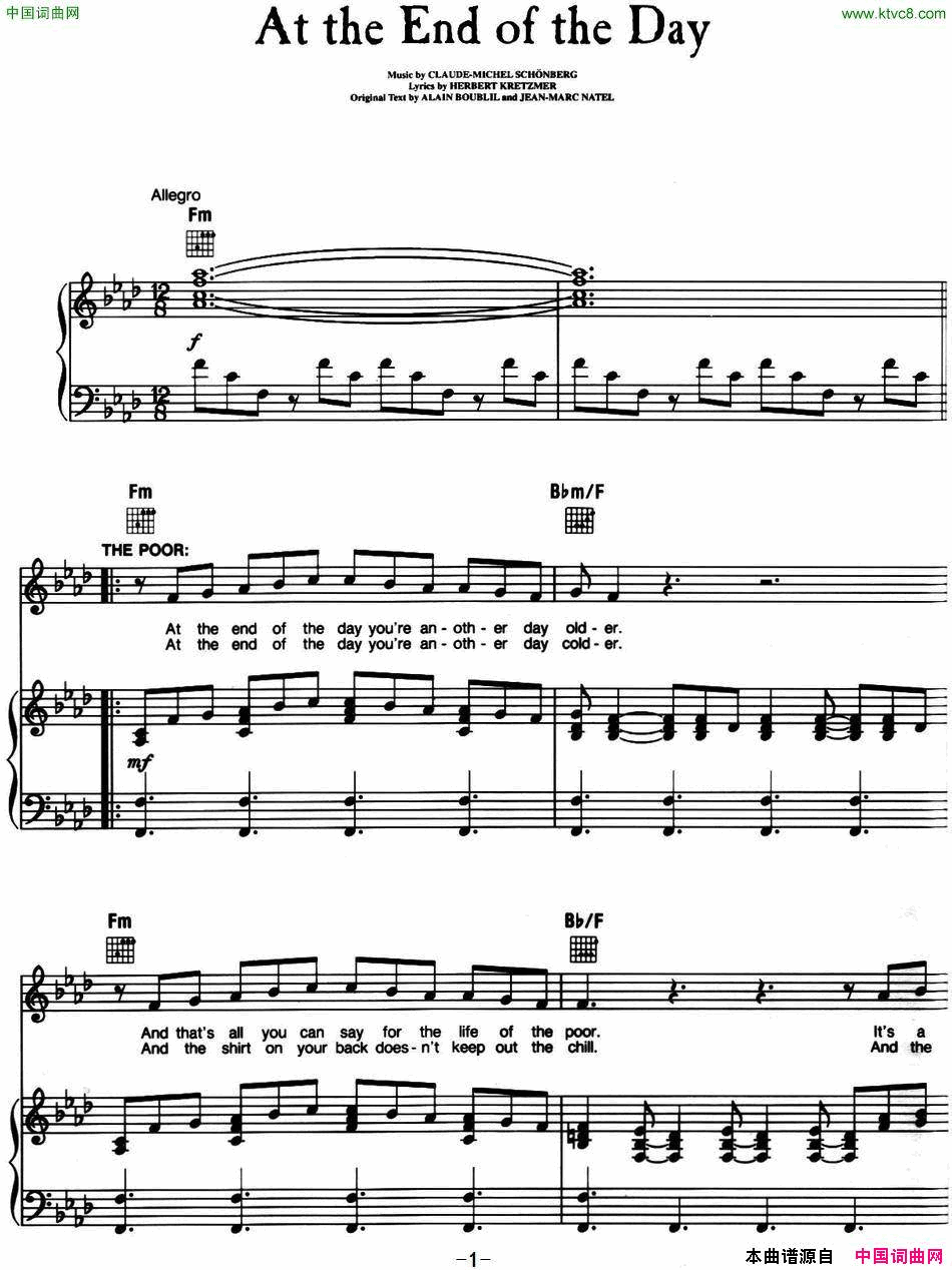 AttheEndoftheDay 音乐剧《悲惨世界》Les Miserables选曲、正谱简谱1