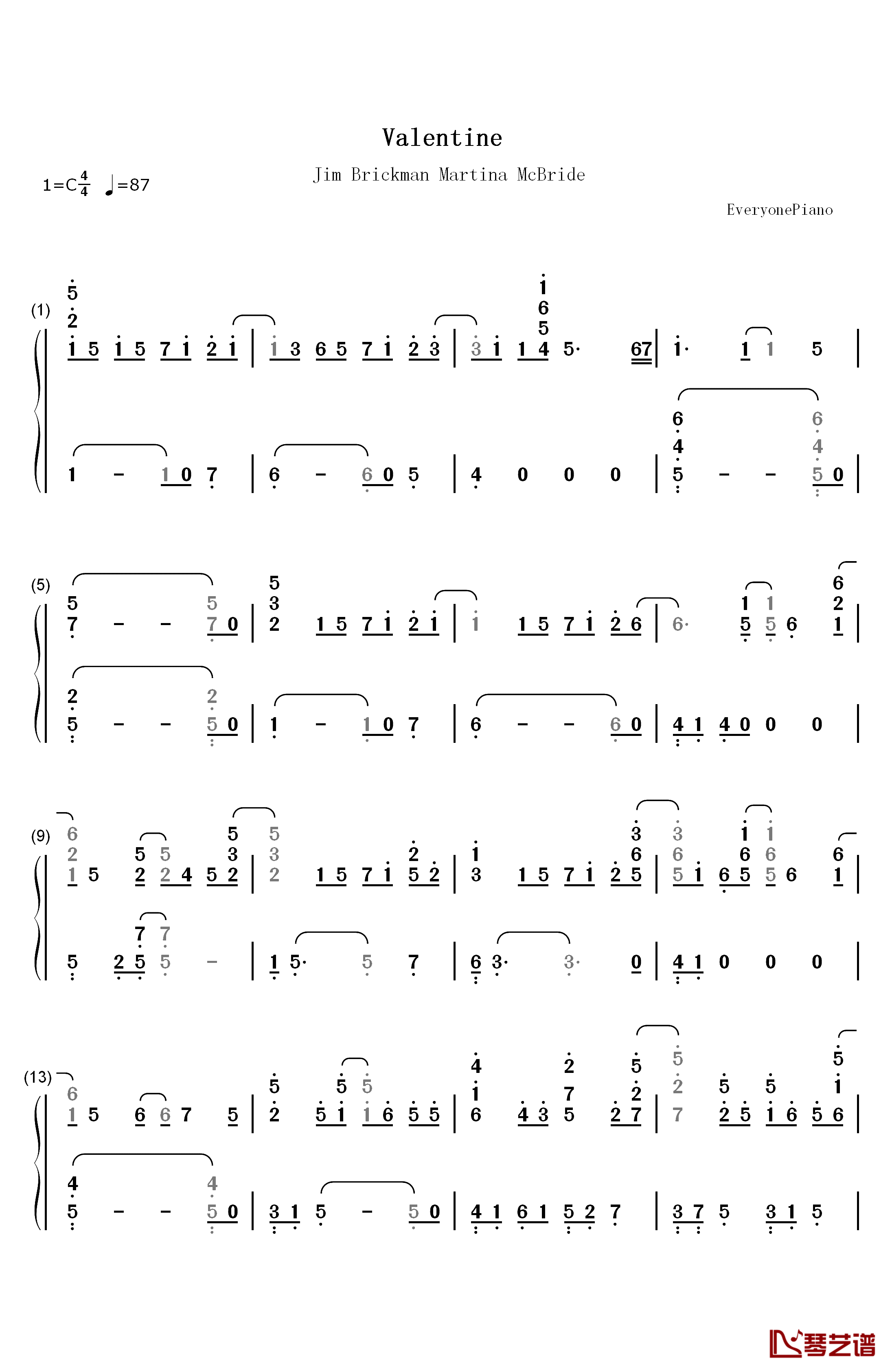 Valentine钢琴简谱-数字双手-Jim Brickman Martina McBride1