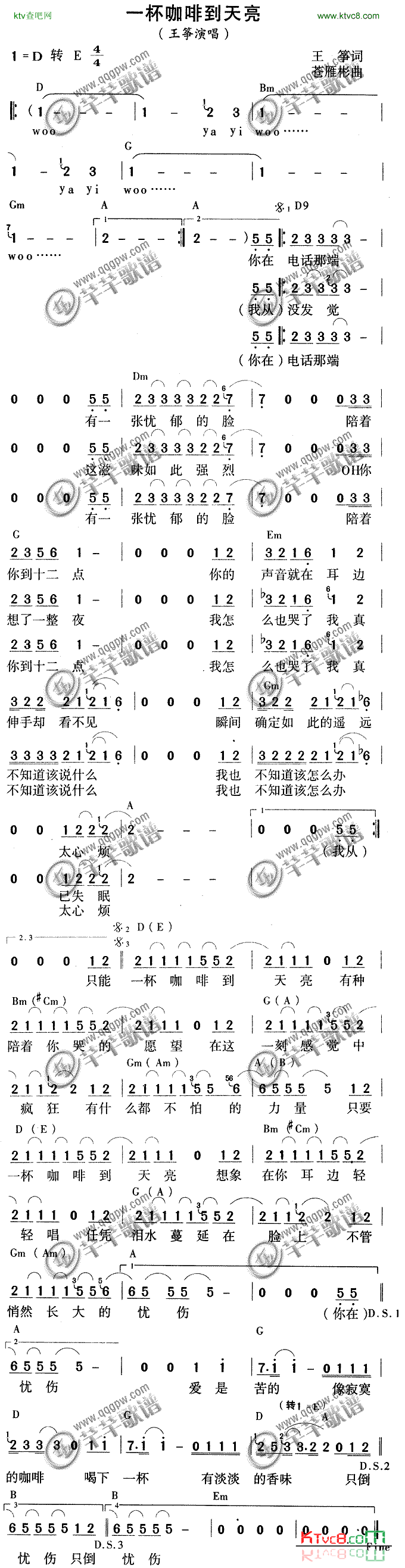 一杯咖啡到天亮简谱-王筝演唱1