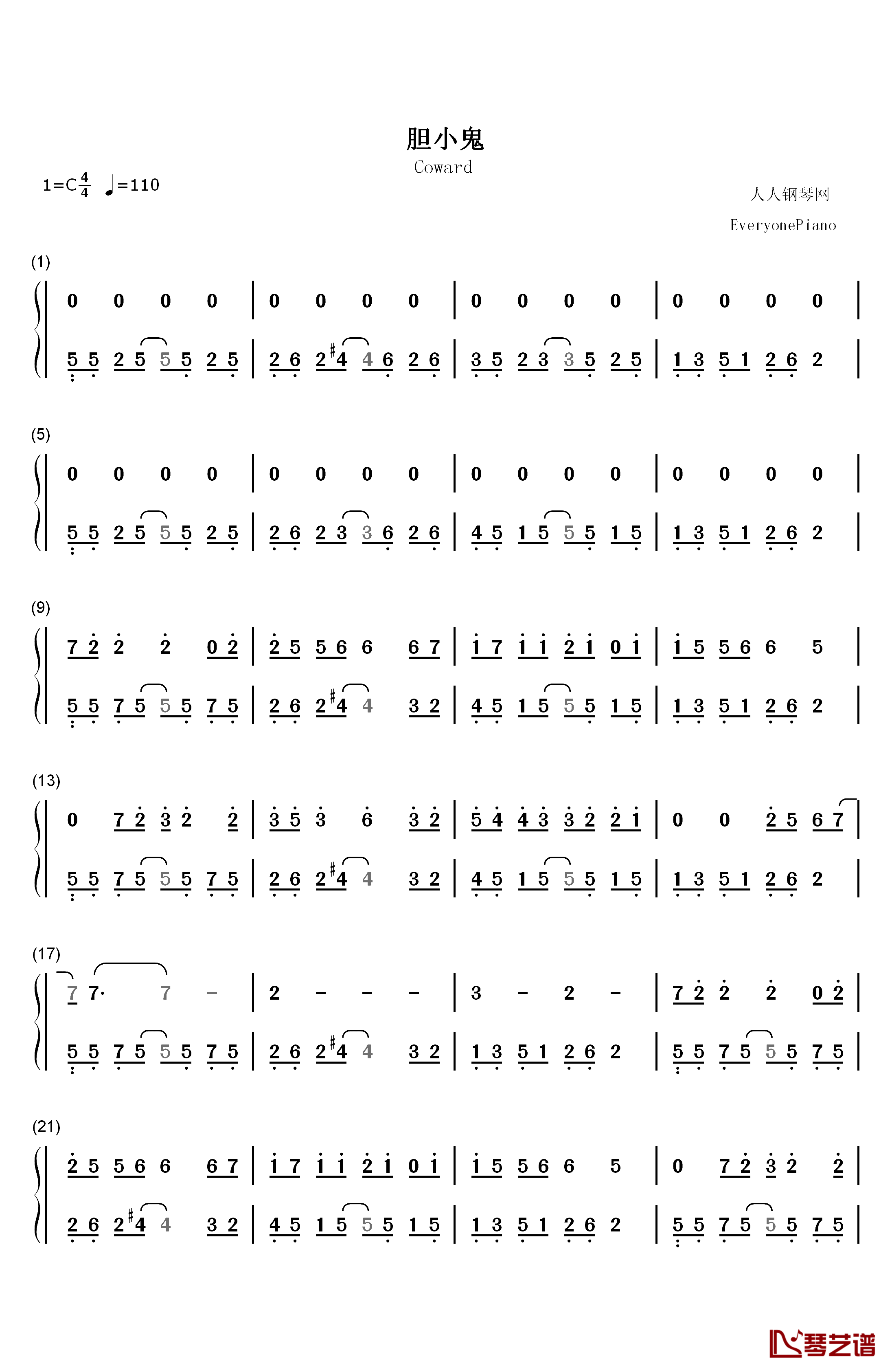 胆小鬼钢琴简谱-数字双手-梁咏琪1