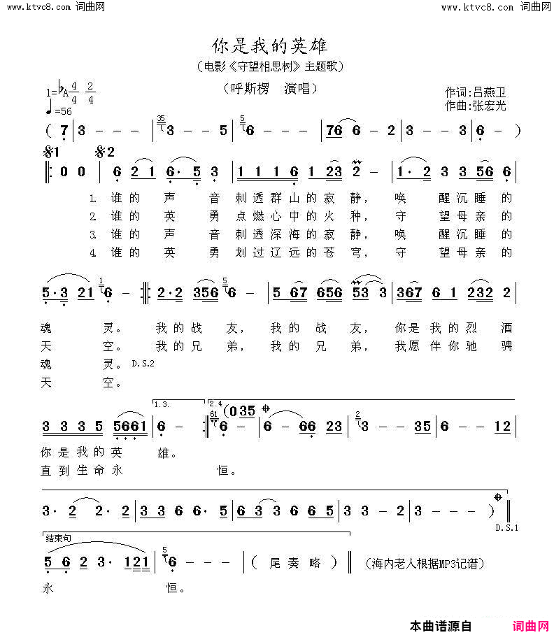 你是我的英雄简谱-呼斯楞演唱-吕燕卫/张宏光词曲1