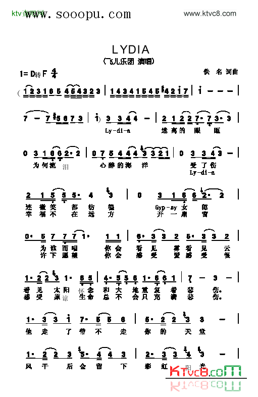 LYDIA歌曲类简谱简谱-飞儿乐团演唱1