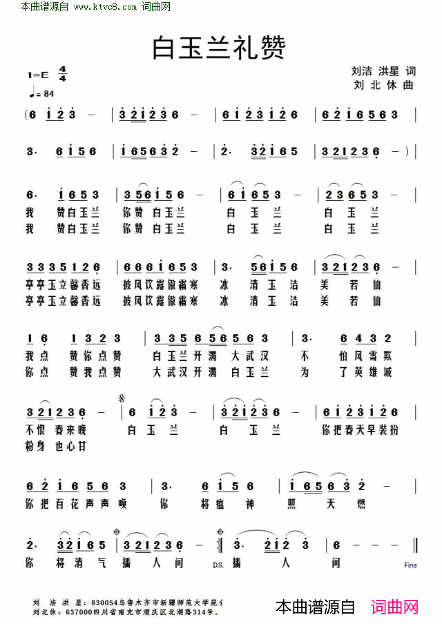 白玉兰礼赞简谱1