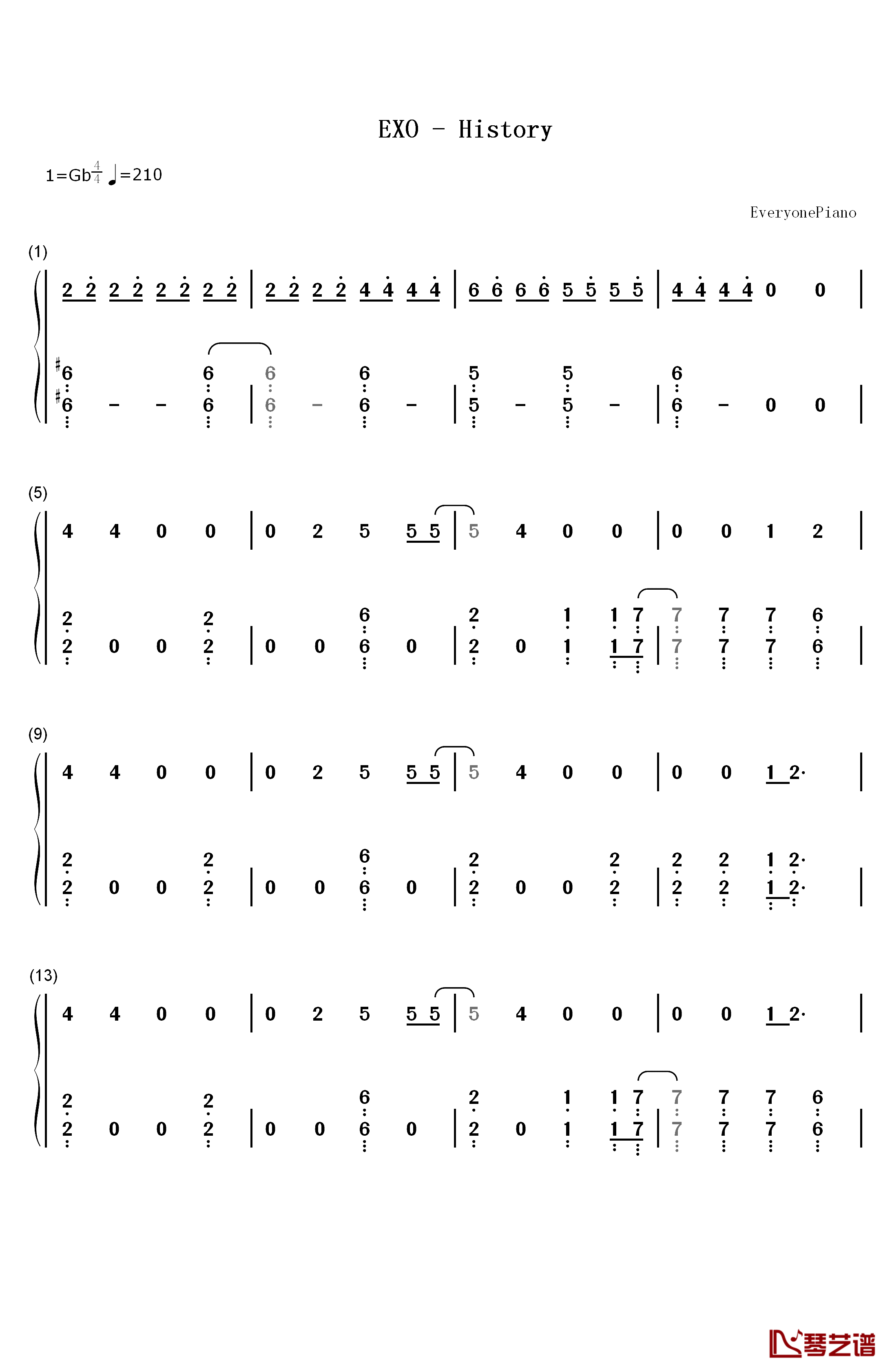 History钢琴简谱-数字双手-EXO1