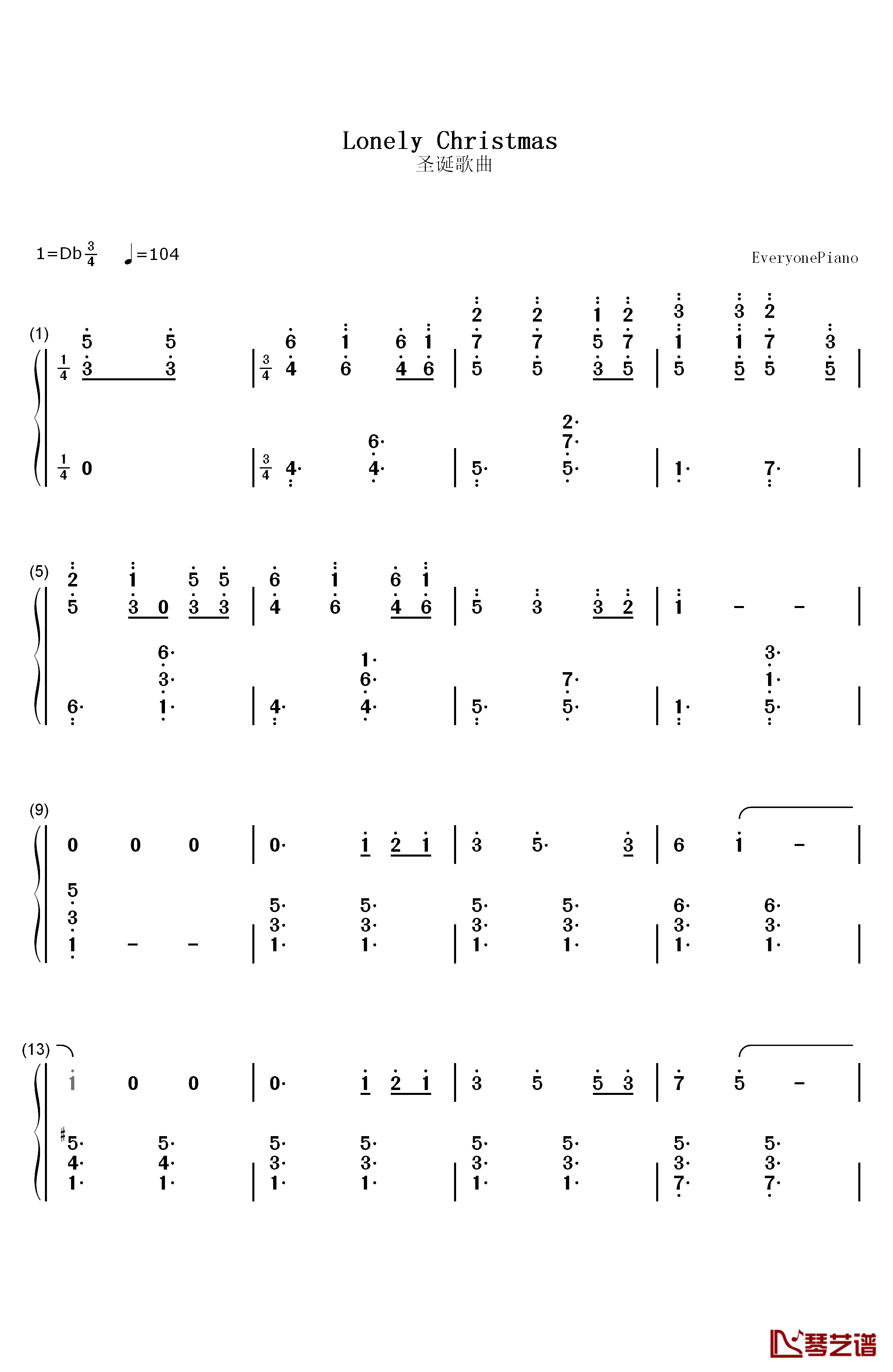 lonely christmas钢琴简谱-数字双手-陈奕迅1