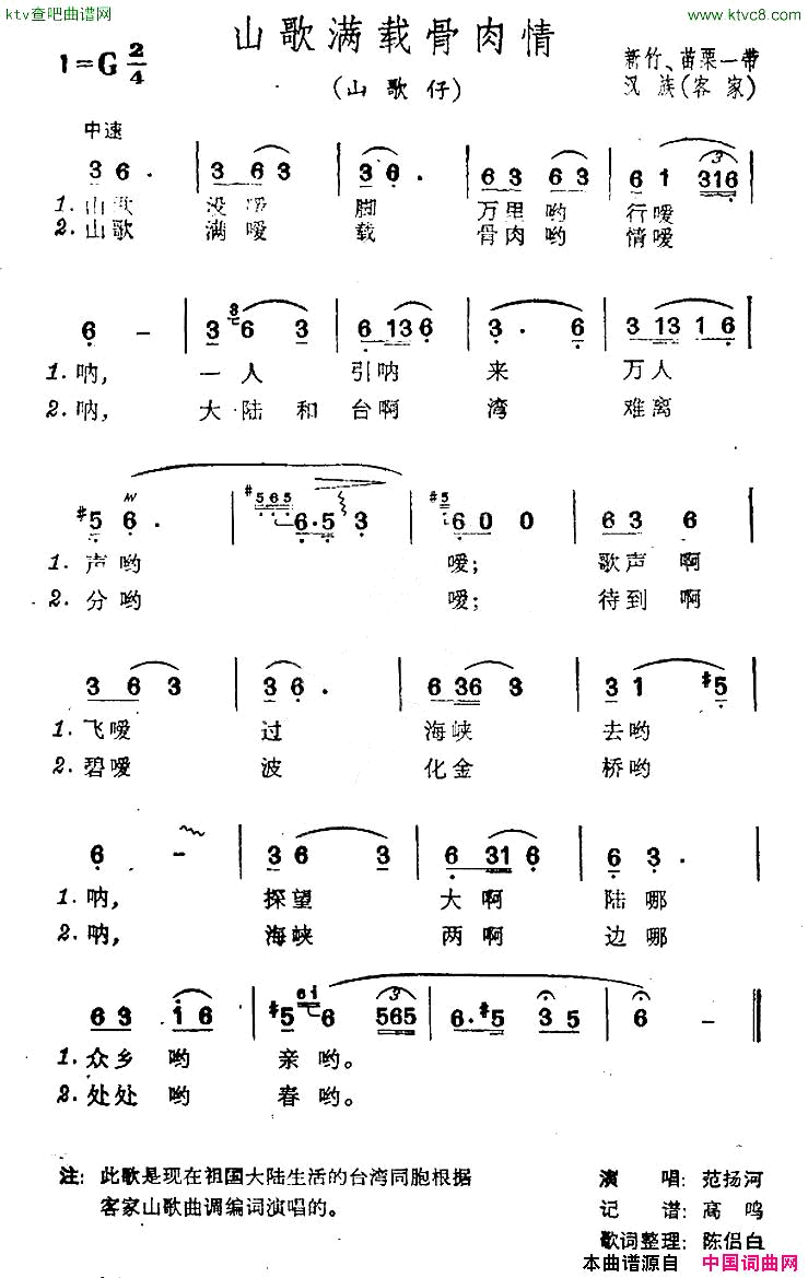 山歌满载骨肉情台湾民歌简谱1