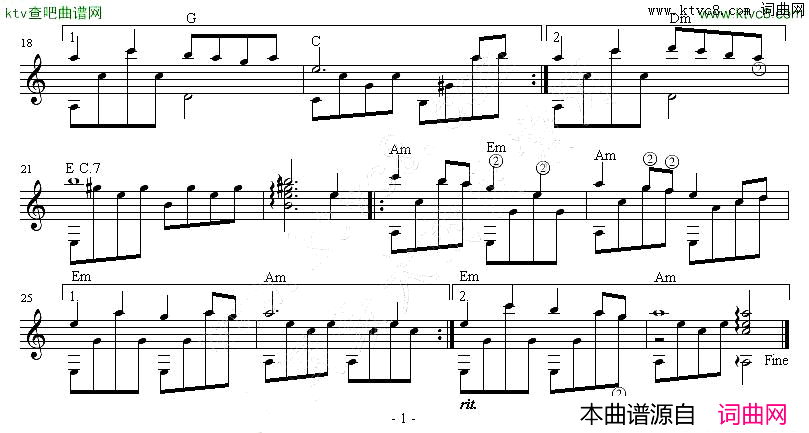 风中有朵雨做的云吉他独奏谱五线谱简谱-孟庭苇演唱1