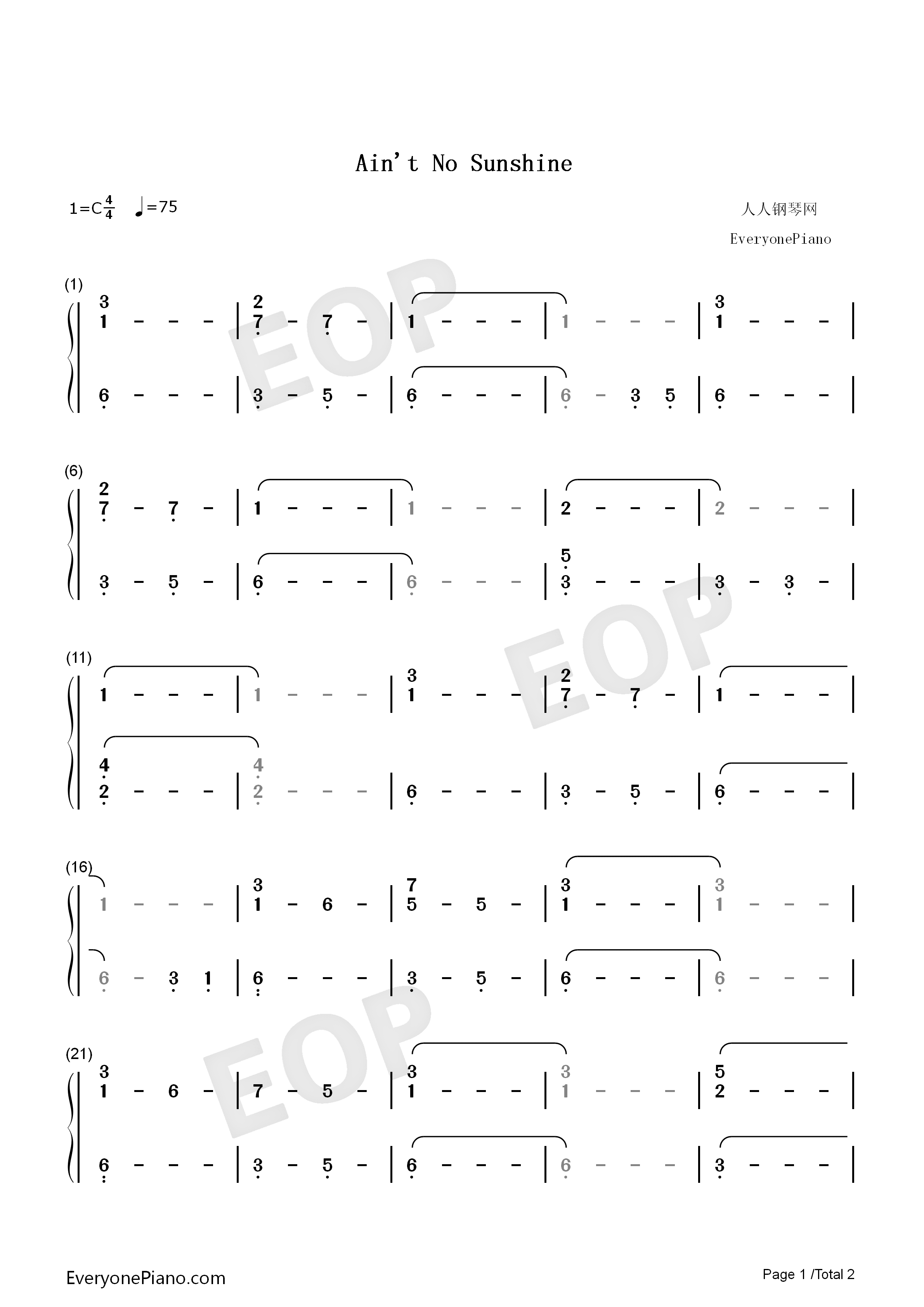 Aint No Sunshine钢琴简谱-Bill Withers演唱1