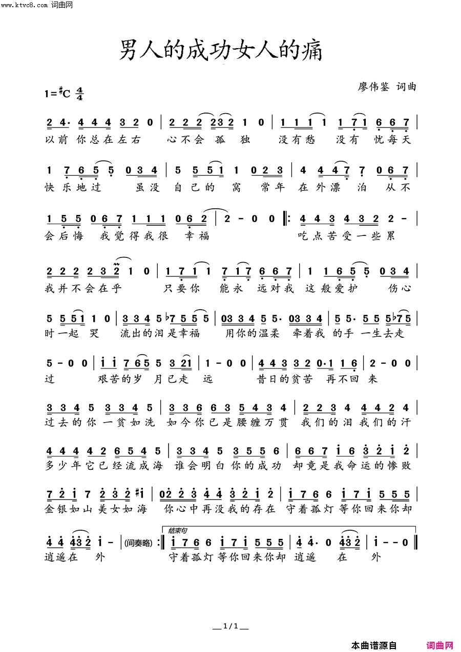 男人的成功女人的痛简谱-天籁天演唱-廖伟鉴/廖伟鉴词曲1