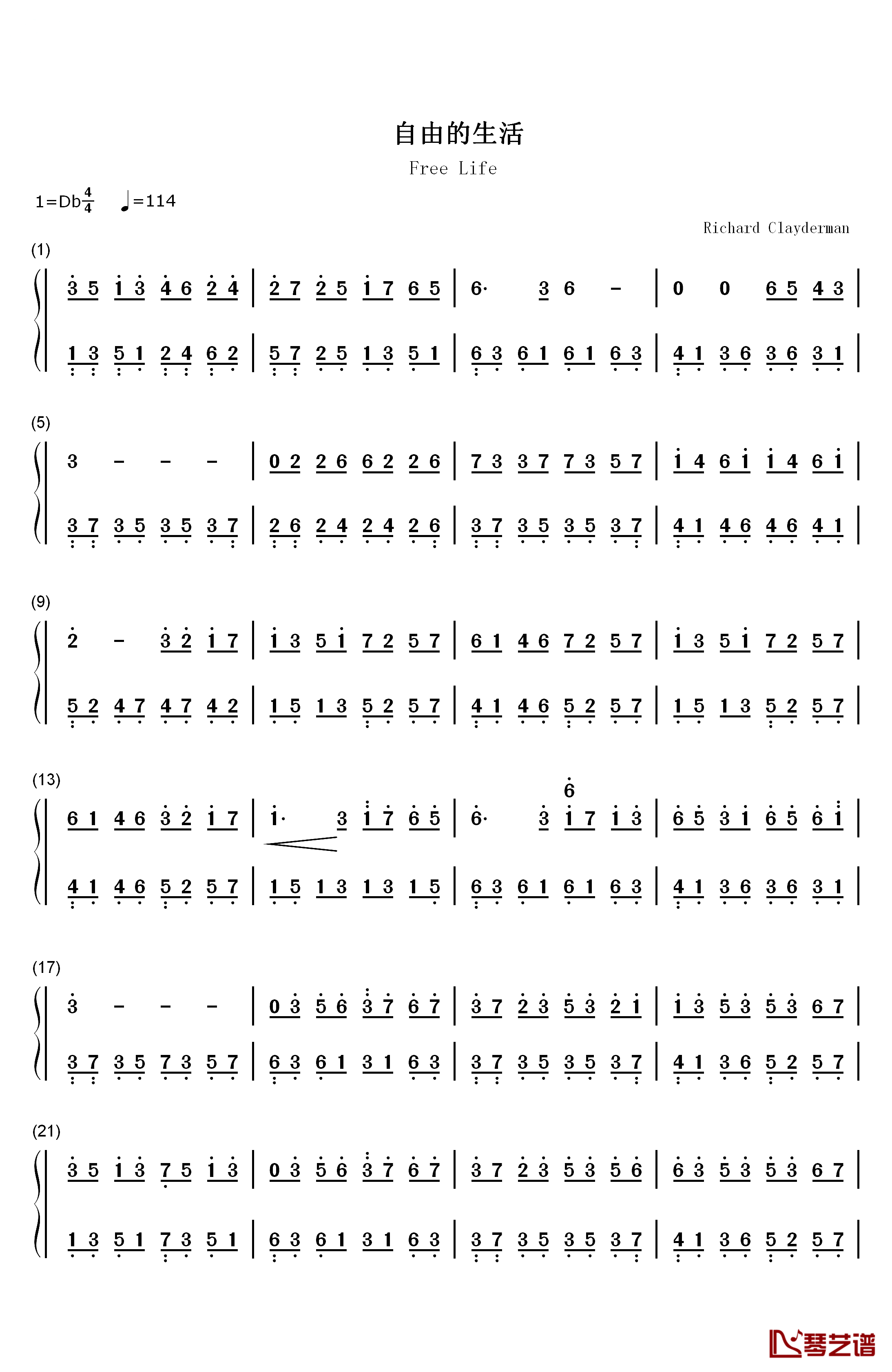 自由的生活钢琴简谱-数字双手-克莱德曼1