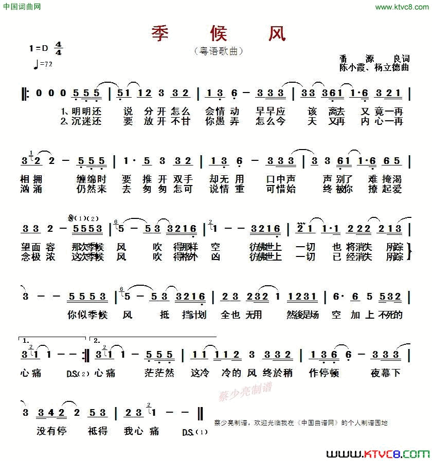 季候风粤语歌曲季候风 粤语歌曲简谱-王菲演唱-潘源良/陈小霞、杨立德词曲1