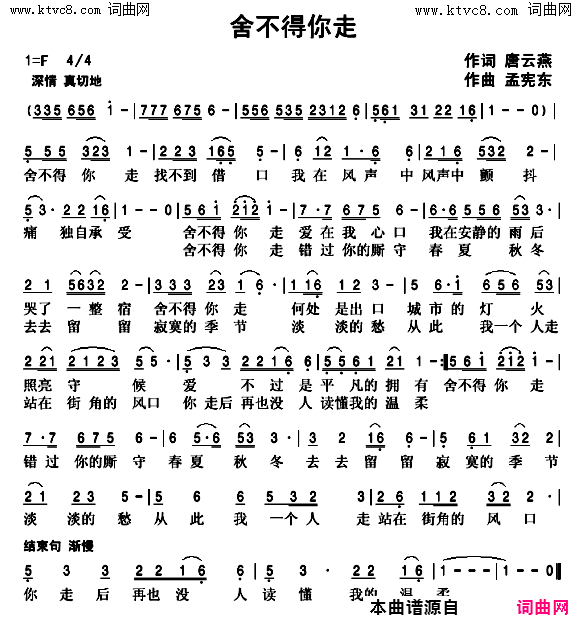 舍不得你走简谱-张淑静演唱-唐云燕/孟宪东词曲1