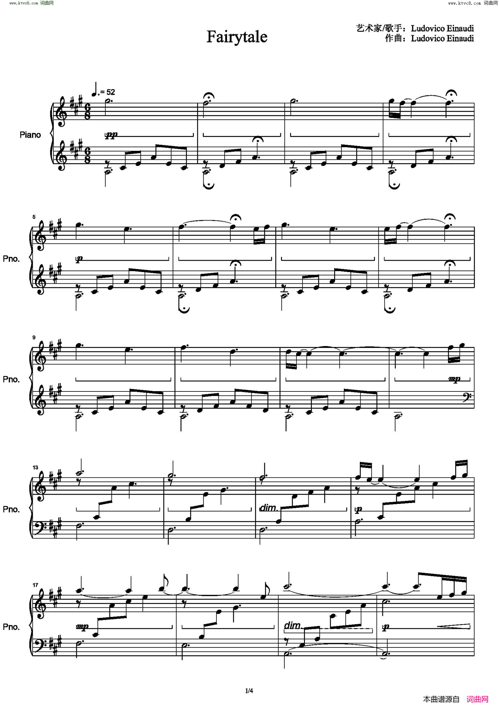 Fairytale简谱-Ludovico Einaudi演唱-作曲：Ludovico Einaudi词曲1