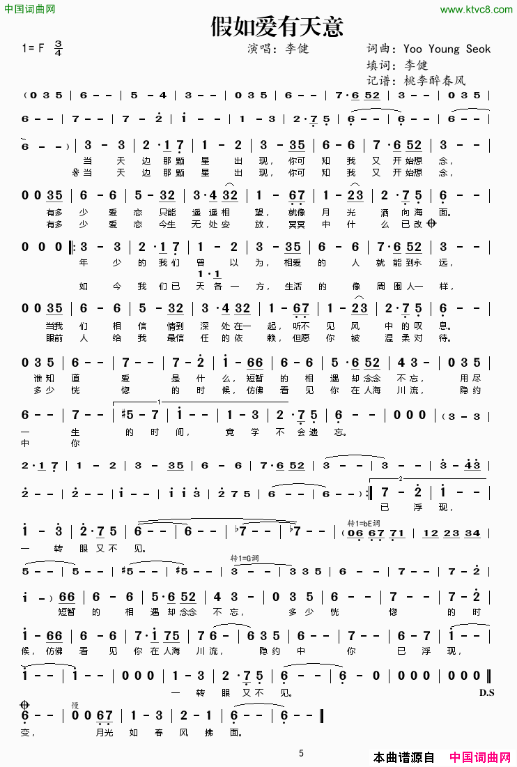 假如爱有天意李健填词演唱简谱-李健演唱-李健/Yoo Young Seok词曲1