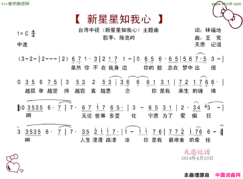 新星星知我心台湾中视《新星星知我心》主题曲简谱1