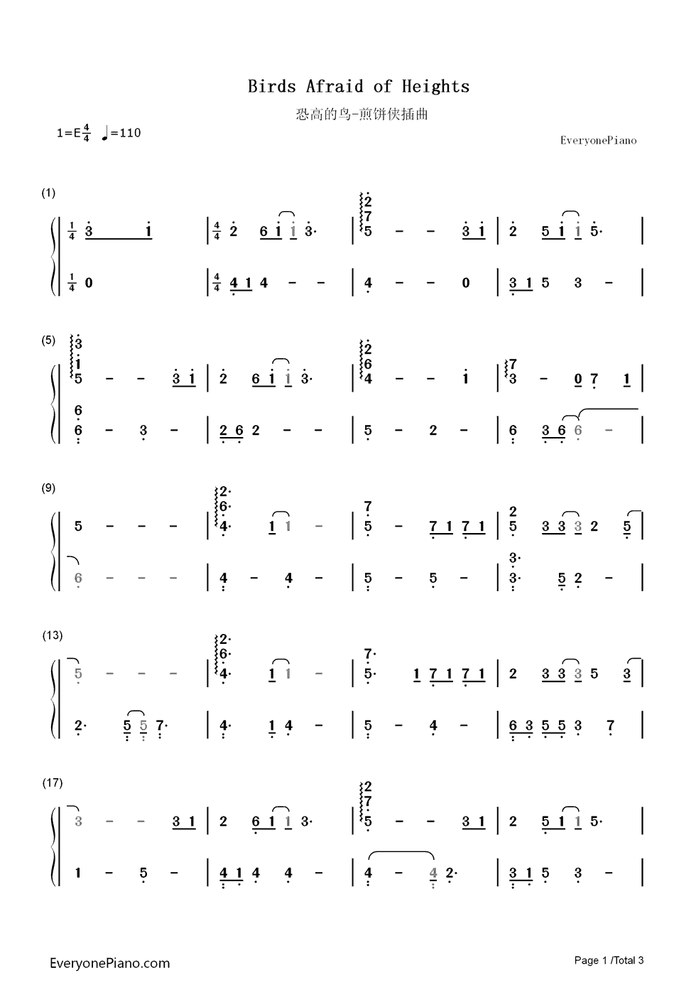 恐高的鸟钢琴简谱-数字双手-大鹏1
