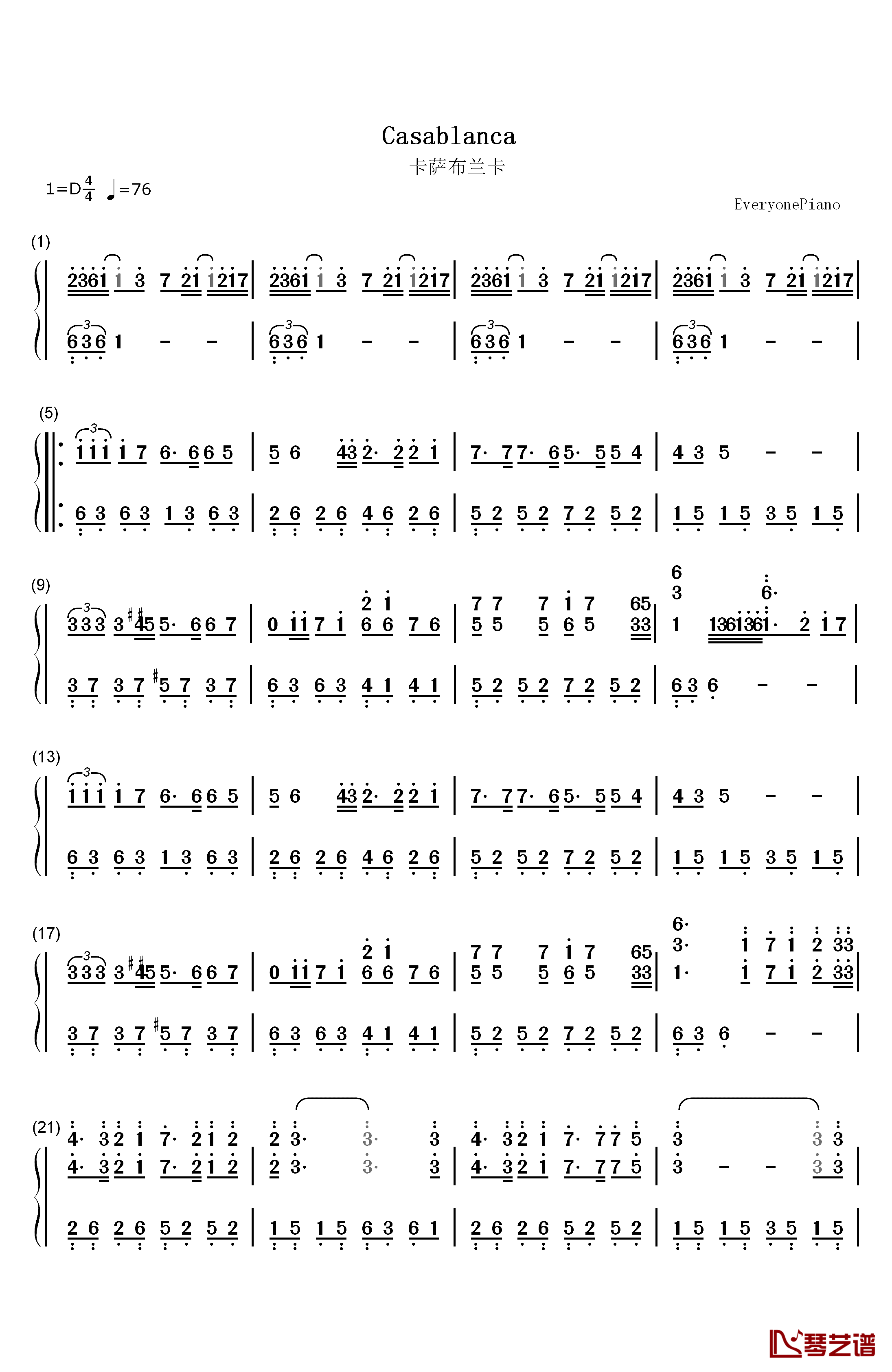卡萨布兰卡钢琴简谱-数字双手-贝特·希金斯  Bertie Higgins1